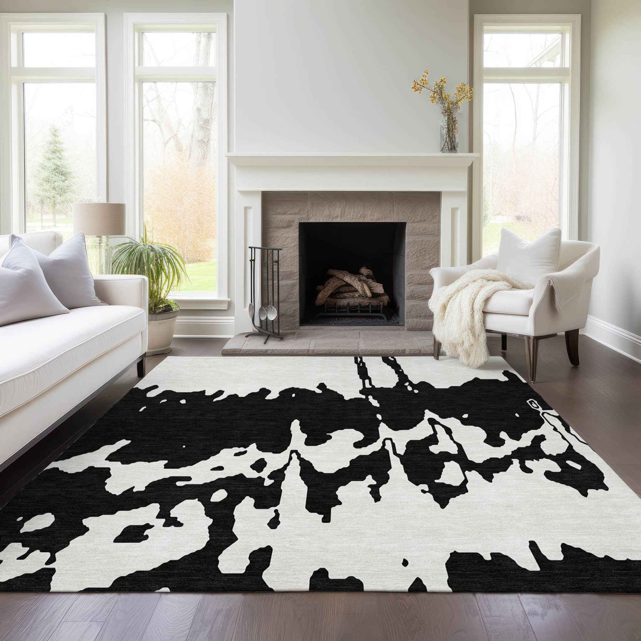 5' X 8' Black And Ivory Abstract Washable Indoor Outdoor Area Rug