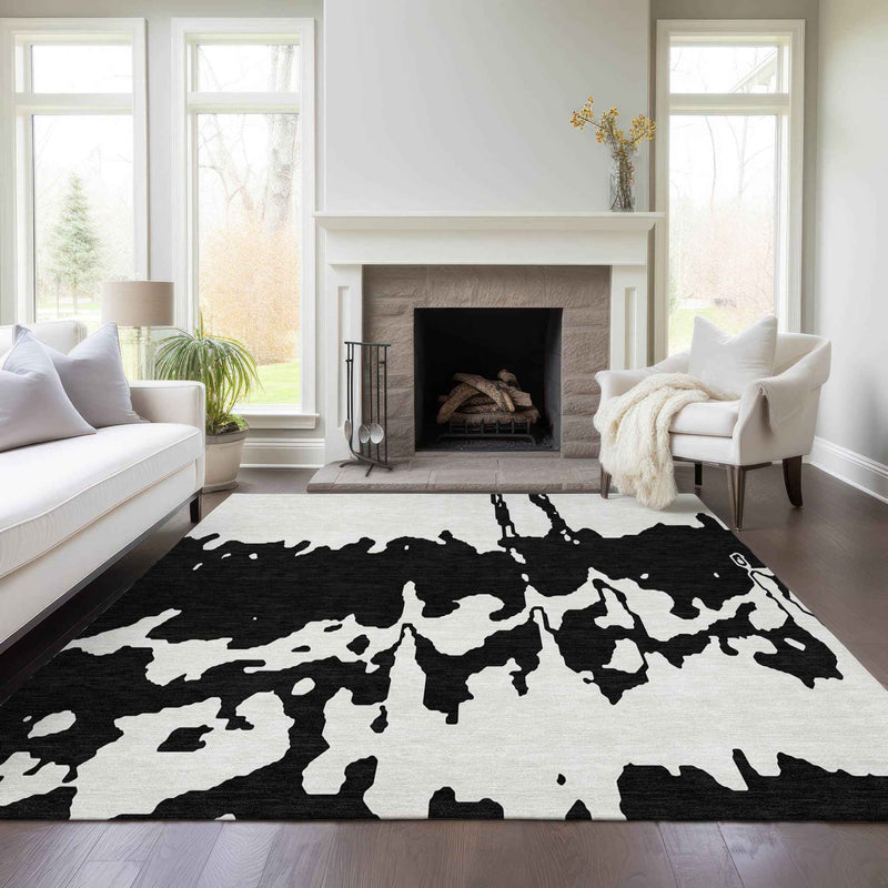 5' X 8' Black And Ivory Abstract Washable Indoor Outdoor Area Rug