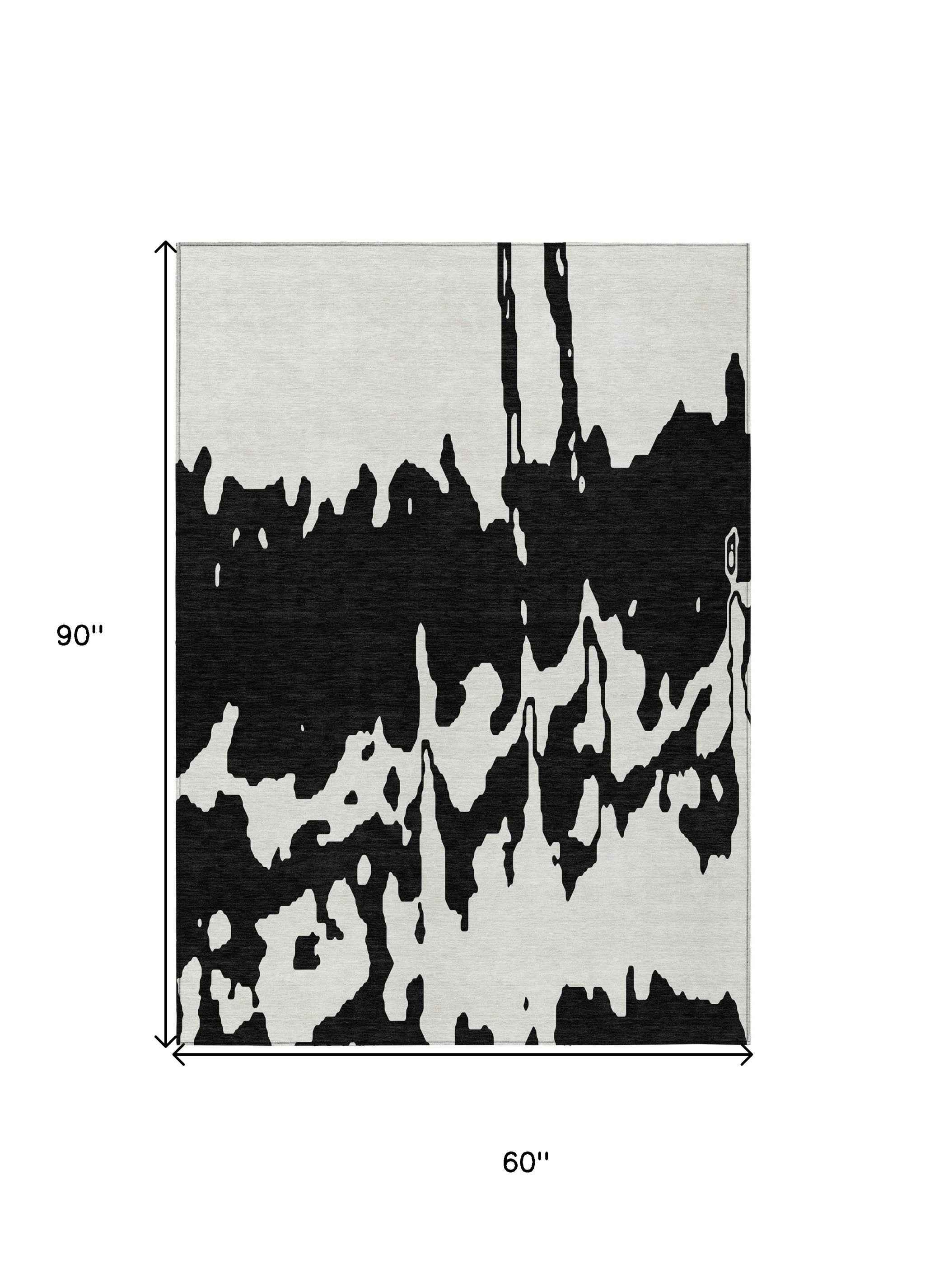 5' X 8' Black And Ivory Abstract Washable Indoor Outdoor Area Rug