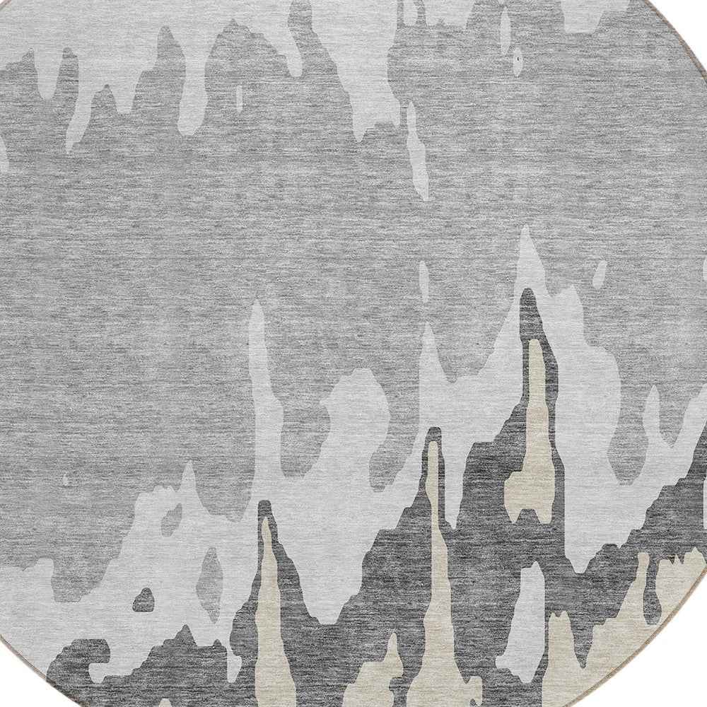 8' Gray And Silver Round Abstract Washable Indoor Outdoor Area Rug