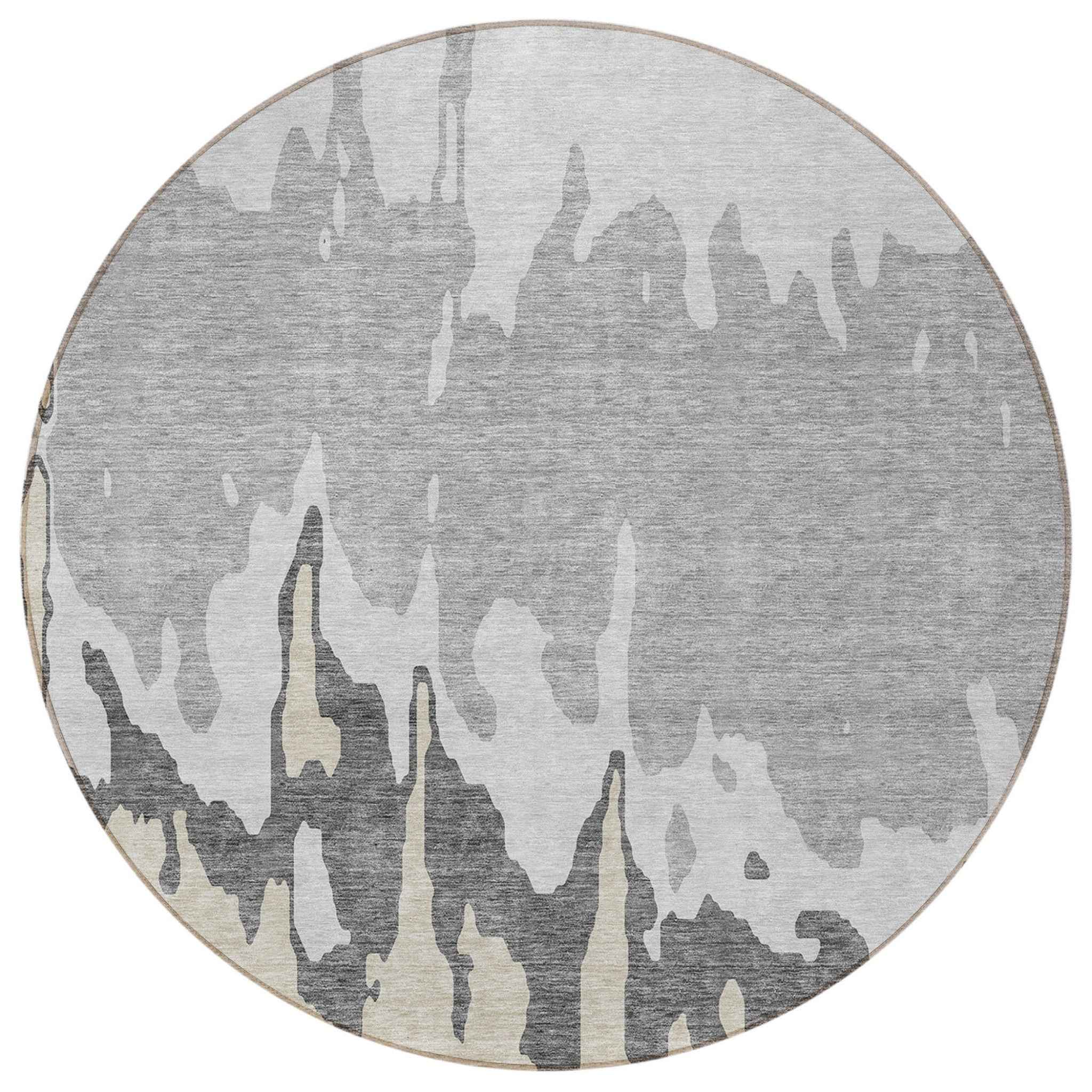 8' Gray And Silver Round Abstract Washable Indoor Outdoor Area Rug