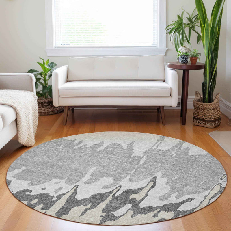 8' Gray And Silver Round Abstract Washable Indoor Outdoor Area Rug