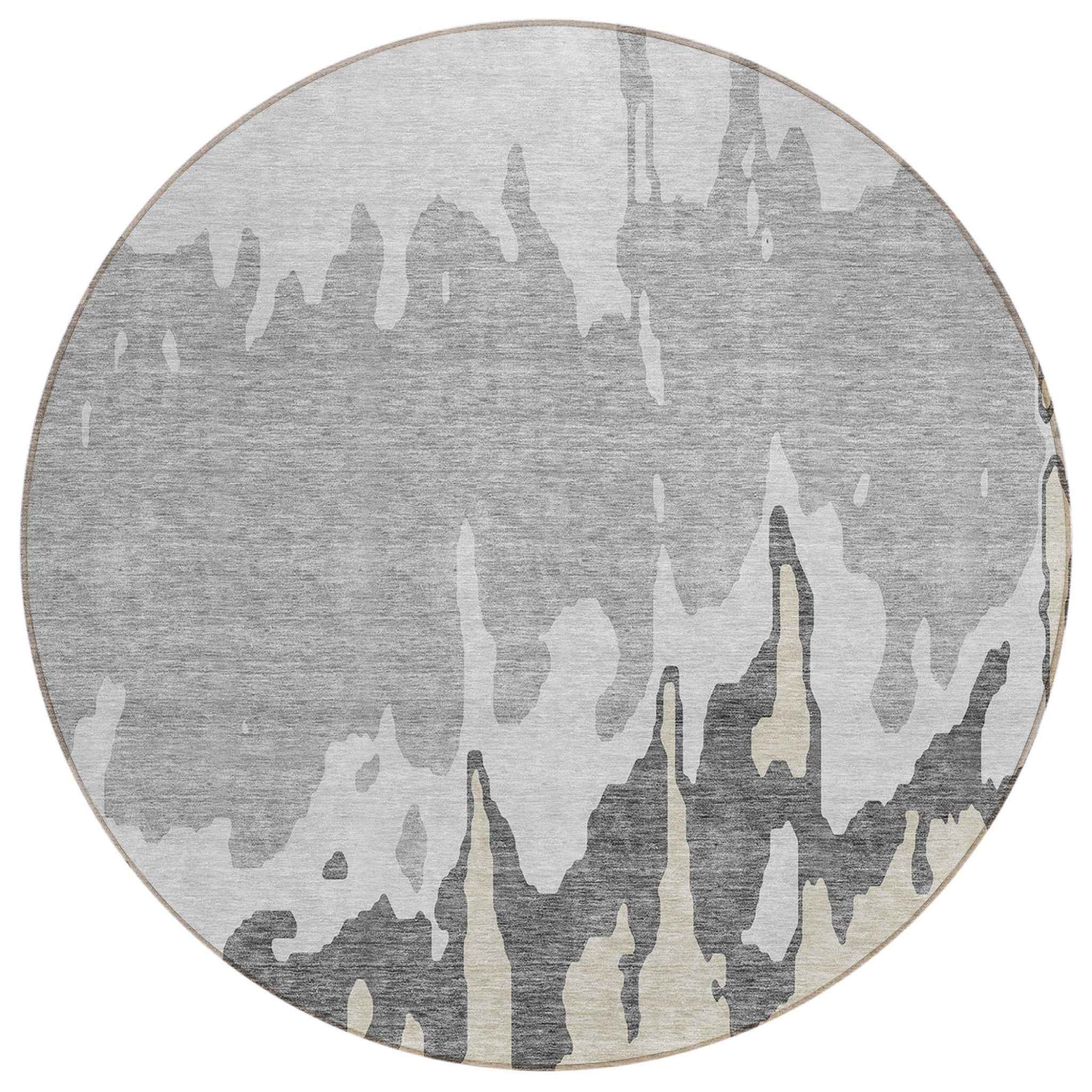 8' Gray And Silver Round Abstract Washable Indoor Outdoor Area Rug