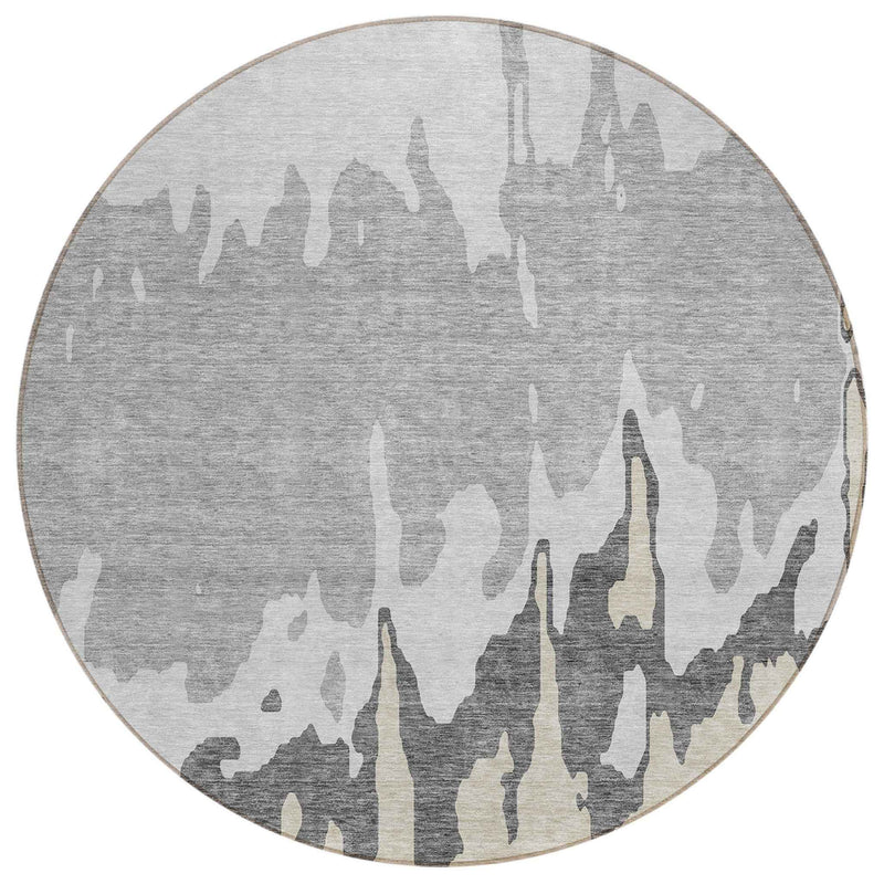 8' Gray And Silver Round Abstract Washable Indoor Outdoor Area Rug