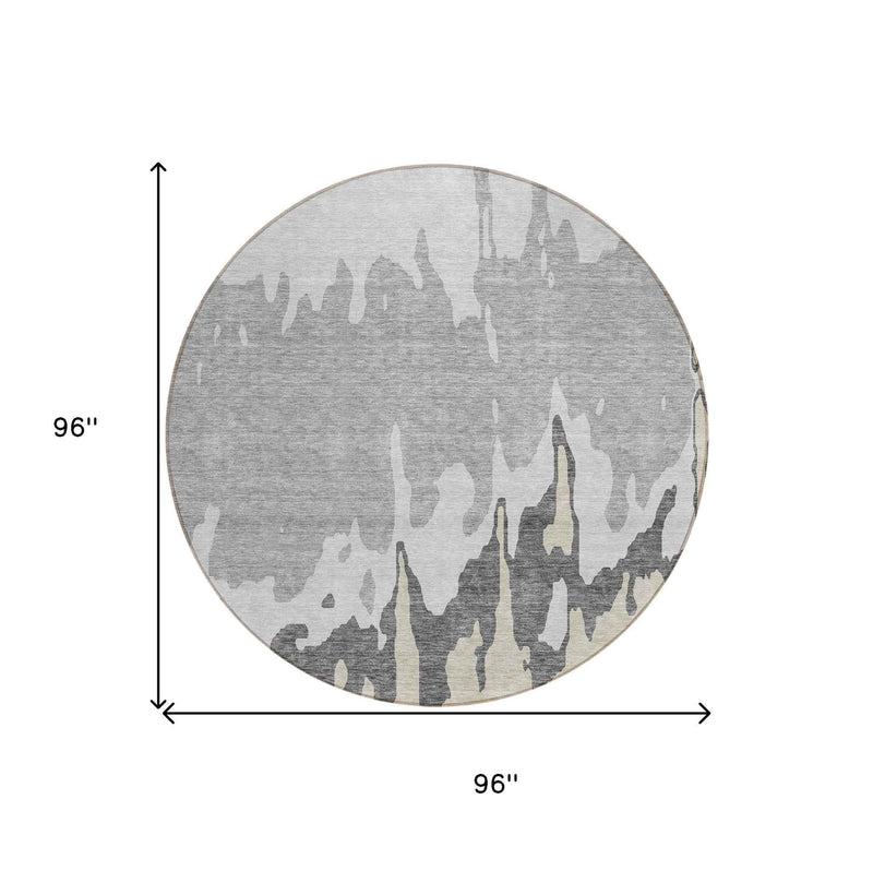 8' Gray And Silver Round Abstract Washable Indoor Outdoor Area Rug