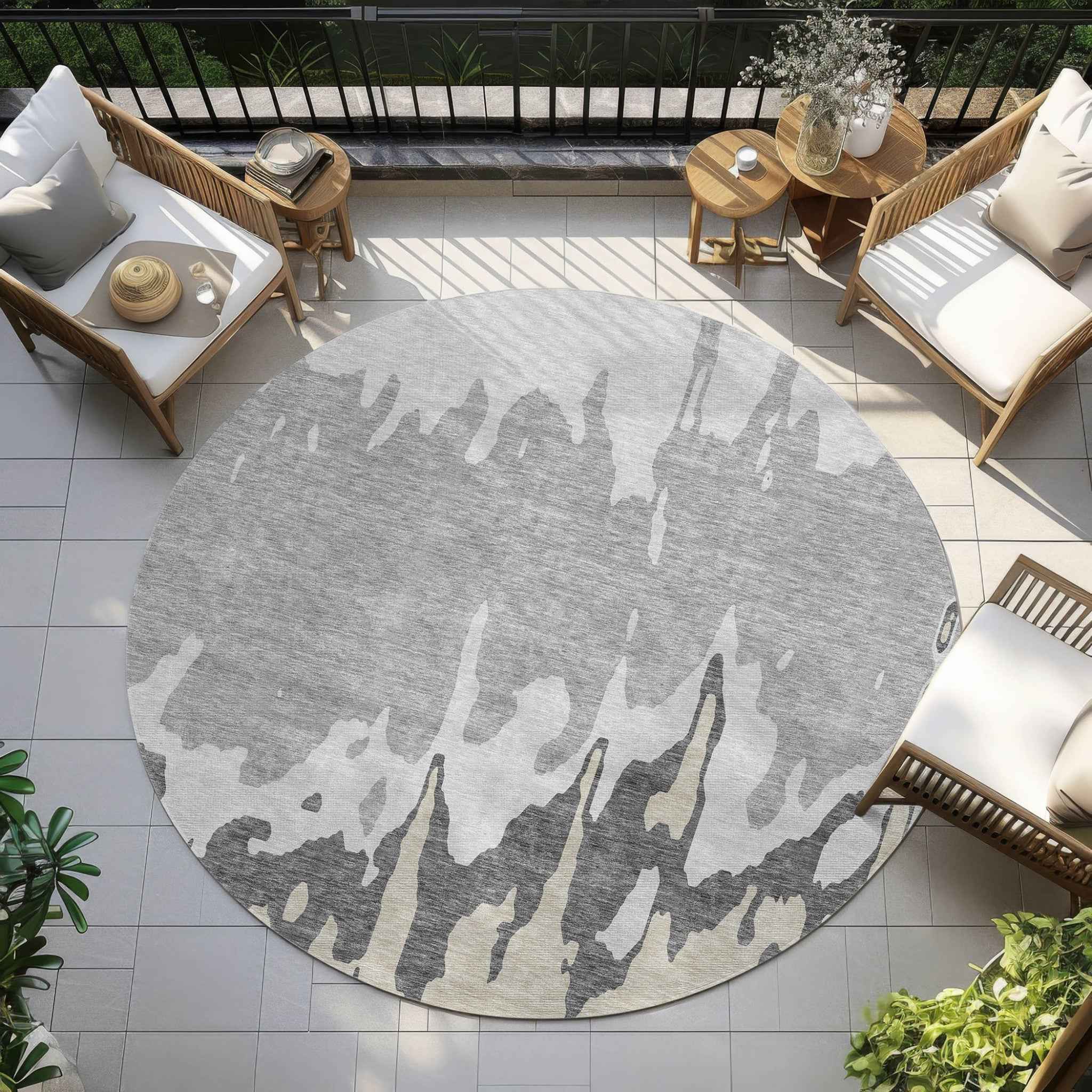 8' Gray And Silver Round Abstract Washable Indoor Outdoor Area Rug