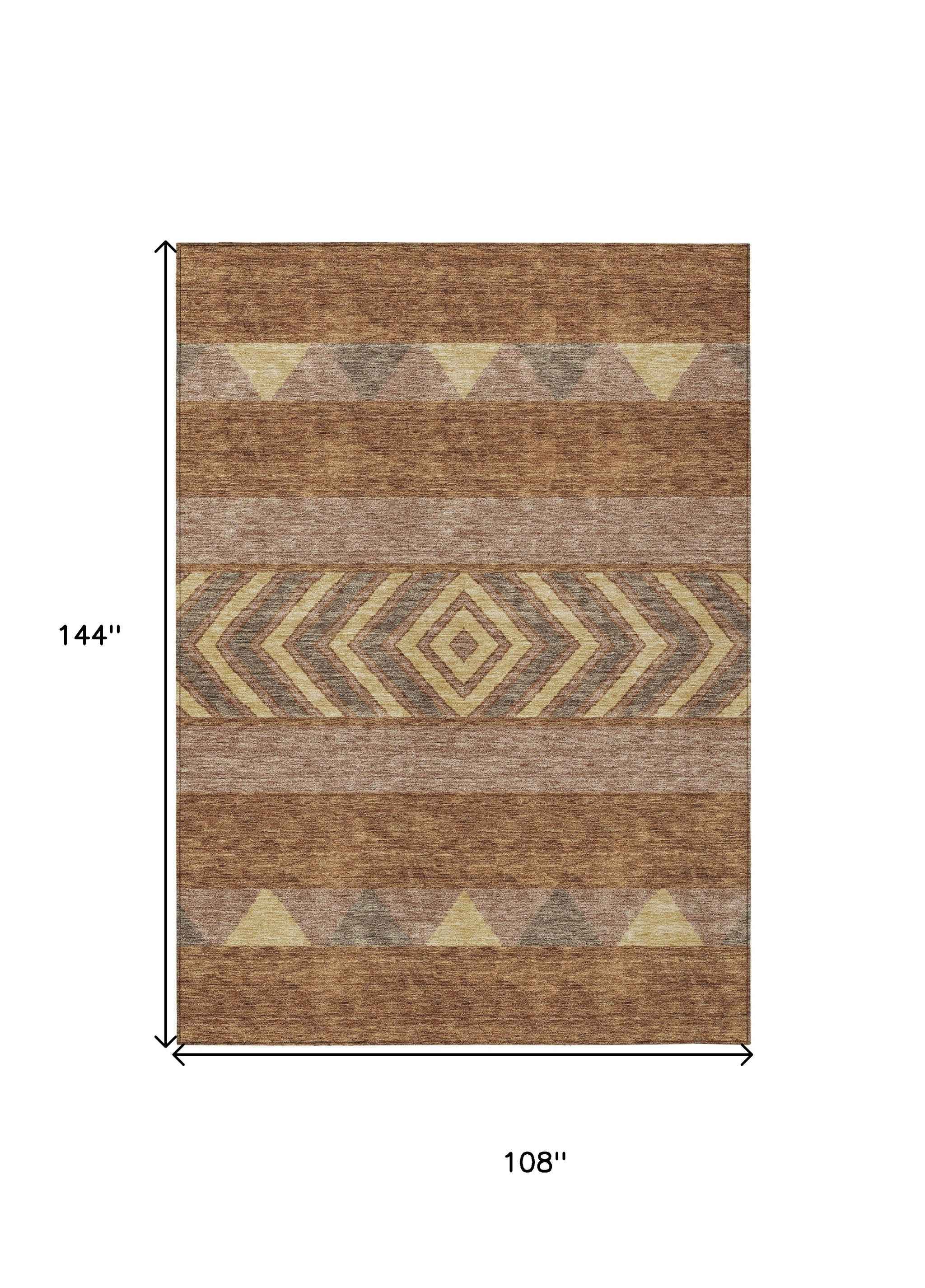 9' X 12' Orange Wheat And Taupe Southwestern Washable Indoor Outdoor Area Rug
