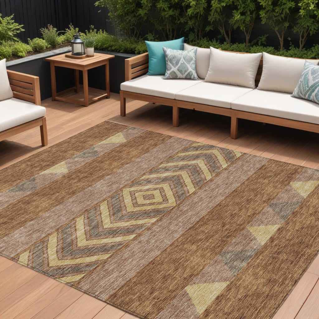 9' X 12' Orange Wheat And Taupe Southwestern Washable Indoor Outdoor Area Rug