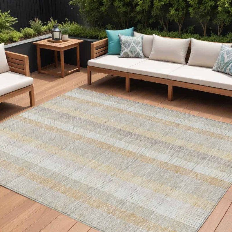 8' X 10' Ivory Beige And Tan Plaid Washable Indoor Outdoor Area Rug