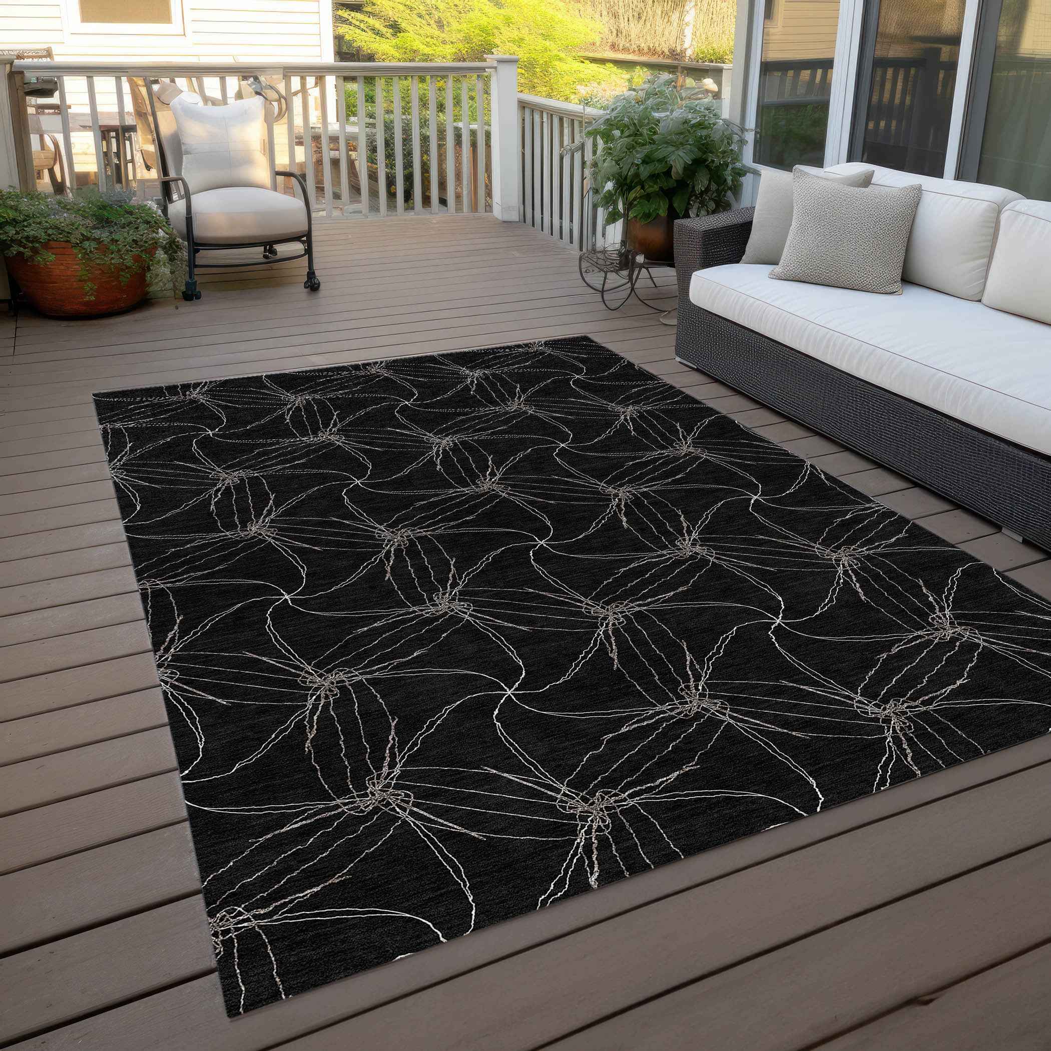 10' X 14' Black And Ivory Geometric Washable Indoor Outdoor Area Rug