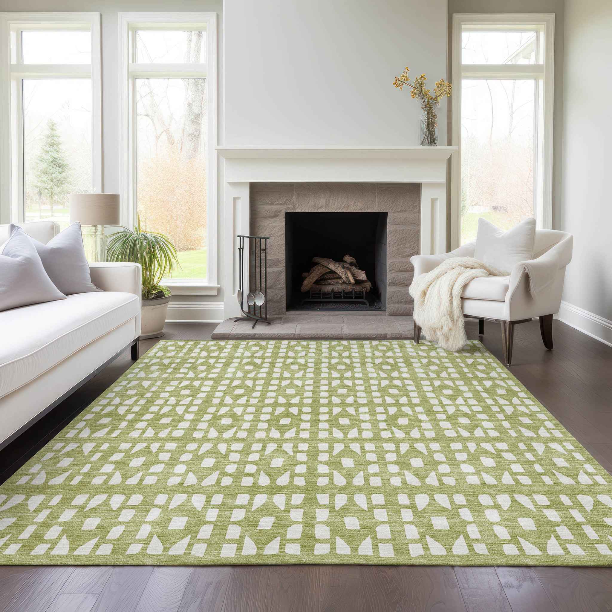 9' X 12' Sage And Ivory Geometric Washable Indoor Outdoor Area Rug