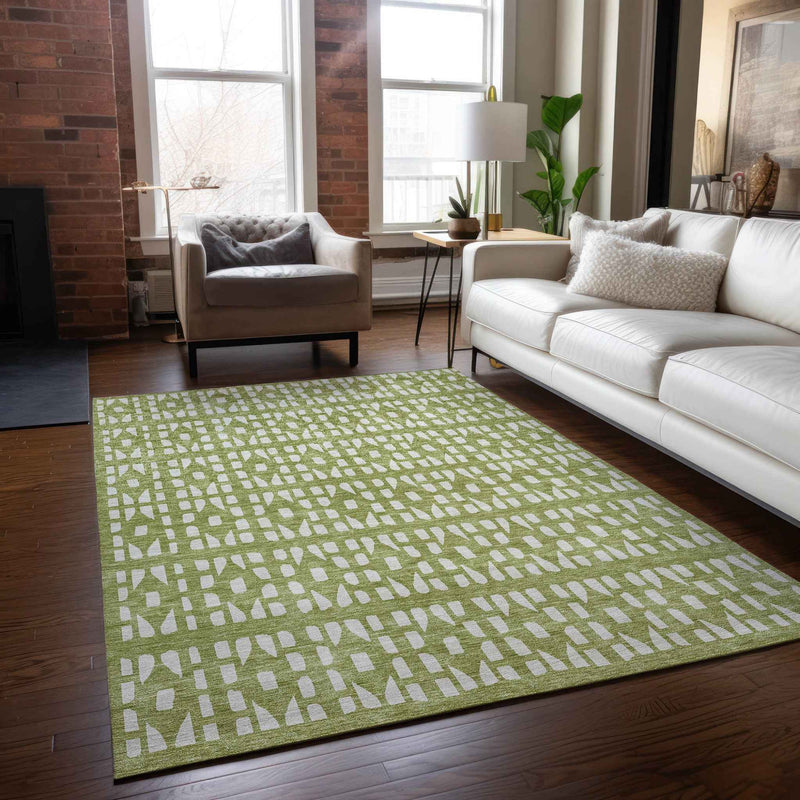 9' X 12' Sage And Ivory Geometric Washable Indoor Outdoor Area Rug