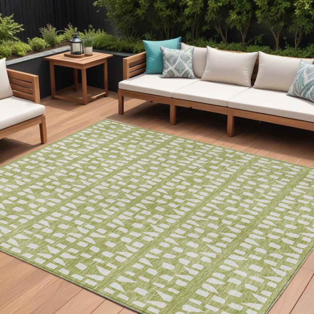 9' X 12' Sage And Ivory Geometric Washable Indoor Outdoor Area Rug