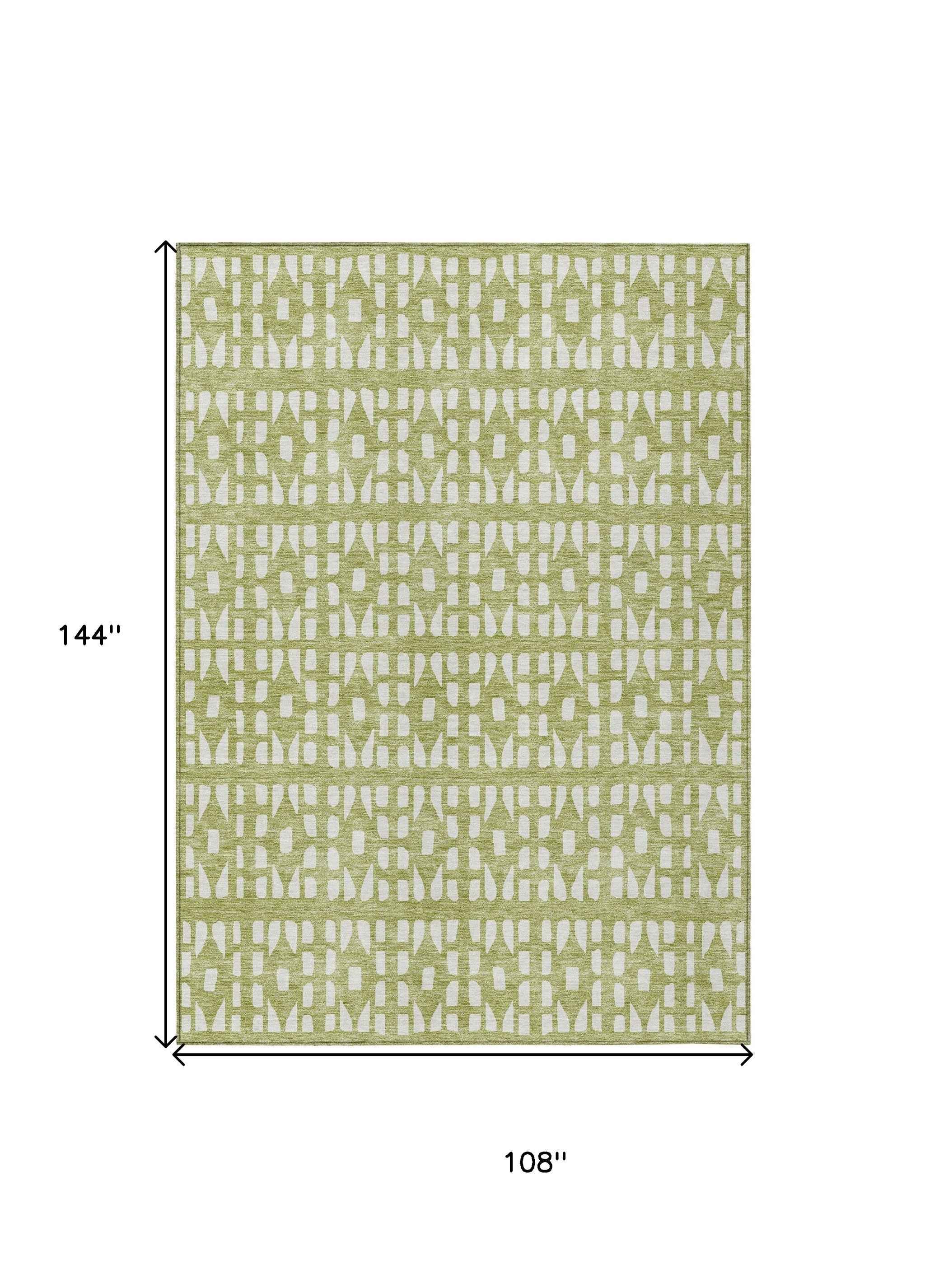 9' X 12' Sage And Ivory Geometric Washable Indoor Outdoor Area Rug