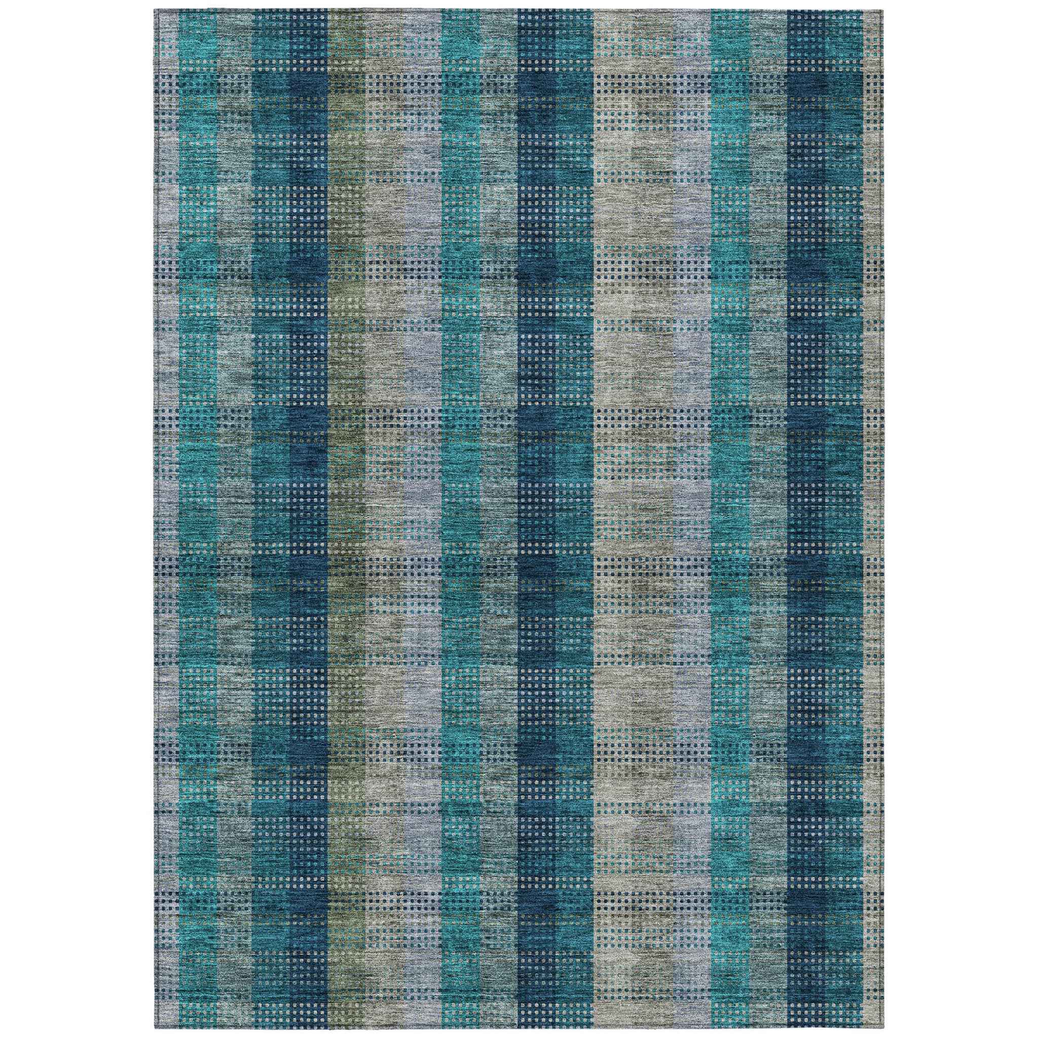 5' X 8' Teal Blue Navy Blue And Olive Green Plaid Washable Indoor Outdoor Area Rug