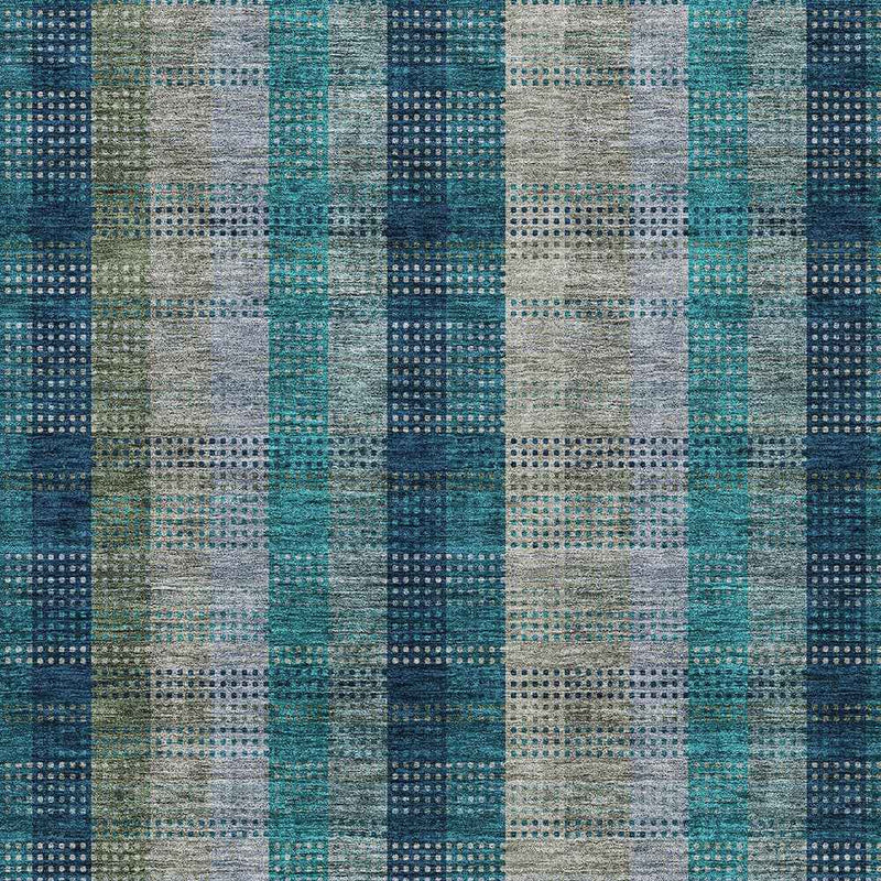 5' X 8' Teal Blue Navy Blue And Olive Green Plaid Washable Indoor Outdoor Area Rug