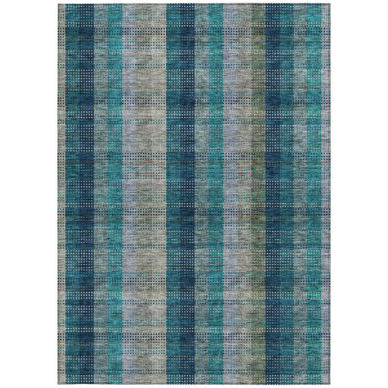 5' X 8' Teal Blue Navy Blue And Olive Green Plaid Washable Indoor Outdoor Area Rug