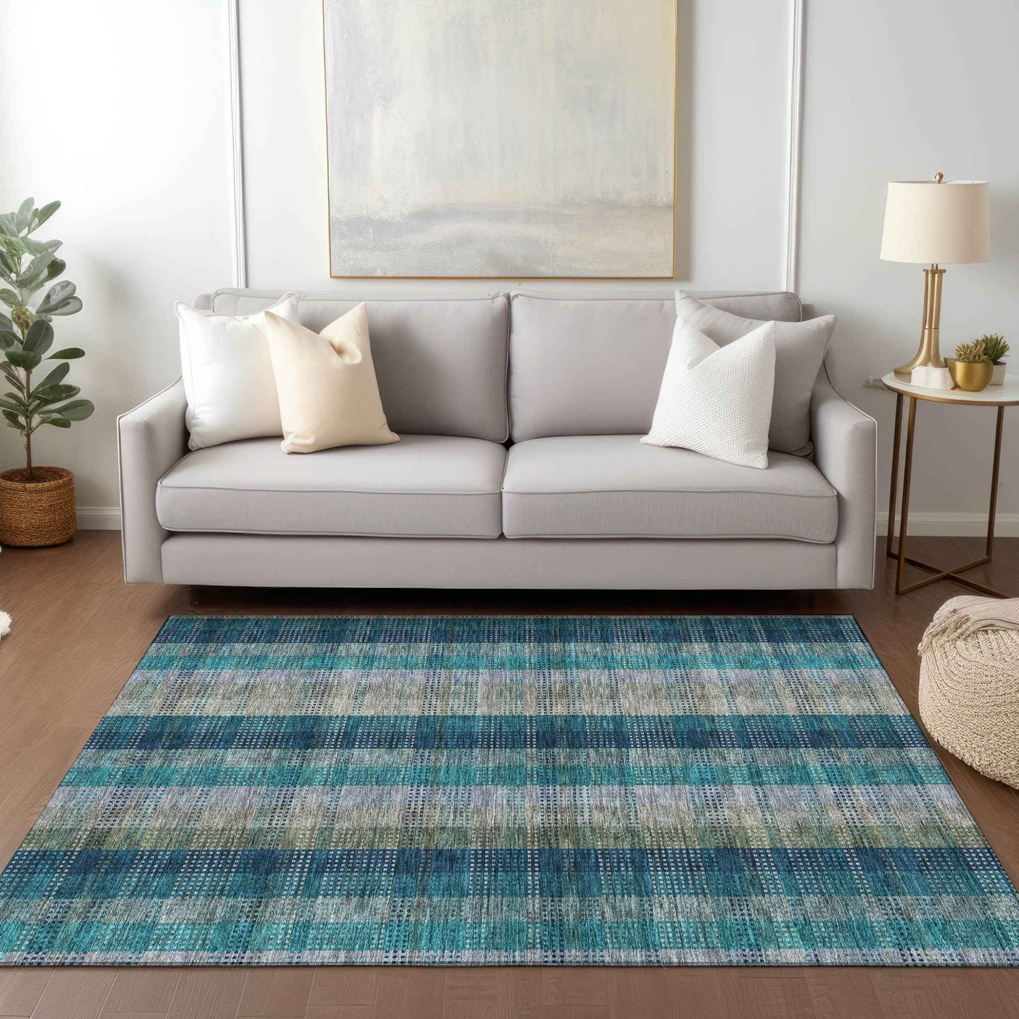5' X 8' Teal Blue Navy Blue And Olive Green Plaid Washable Indoor Outdoor Area Rug