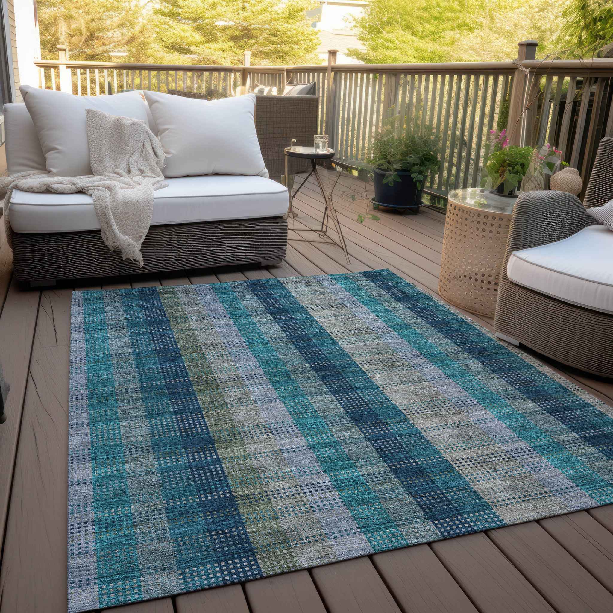 5' X 8' Teal Blue Navy Blue And Olive Green Plaid Washable Indoor Outdoor Area Rug
