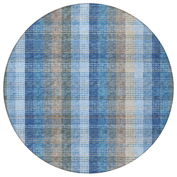 8' Denim Blue Sky Blue And Beige Round Plaid Washable Indoor Outdoor Area Rug