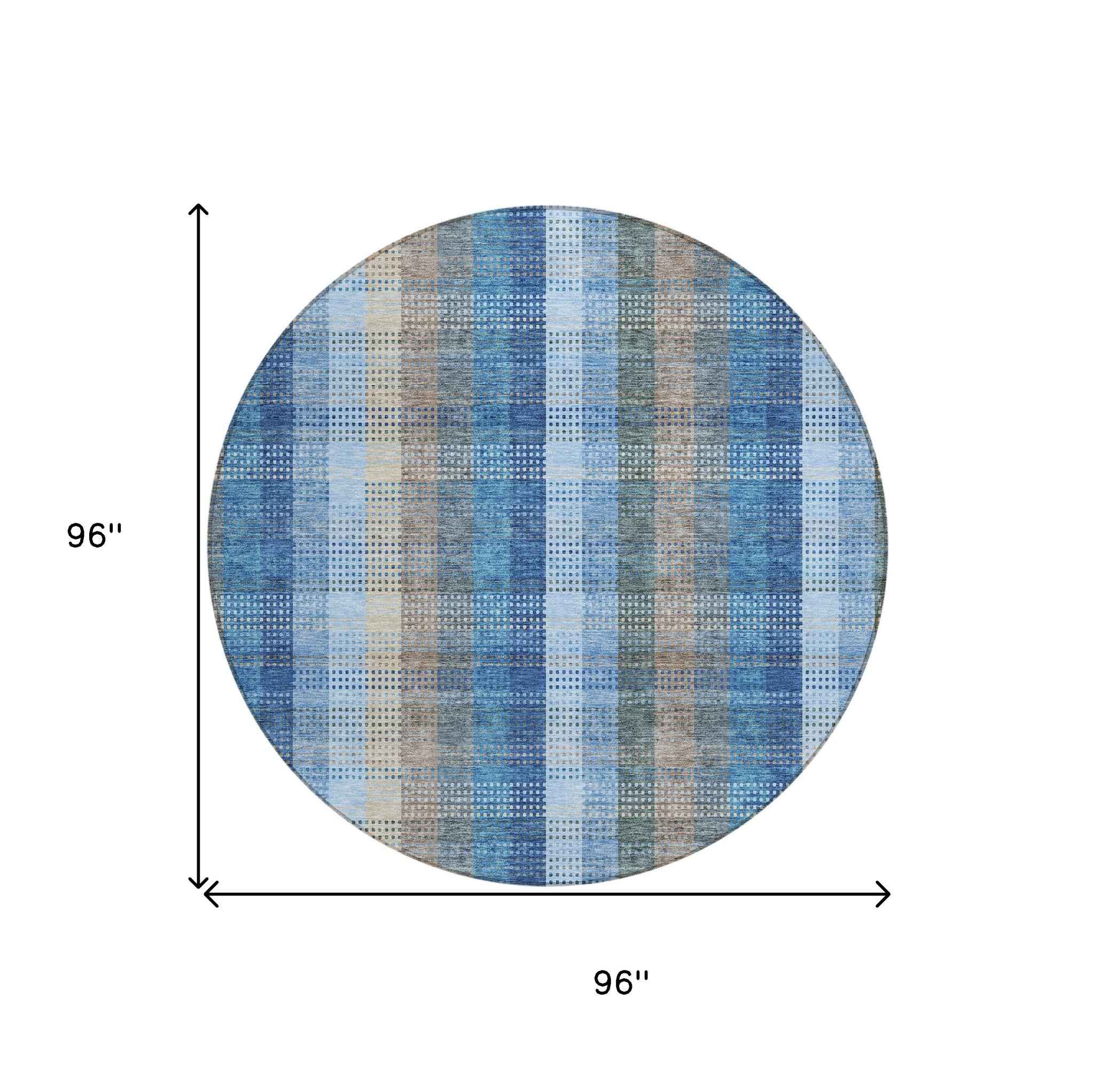 8' Denim Blue Sky Blue And Beige Round Plaid Washable Indoor Outdoor Area Rug