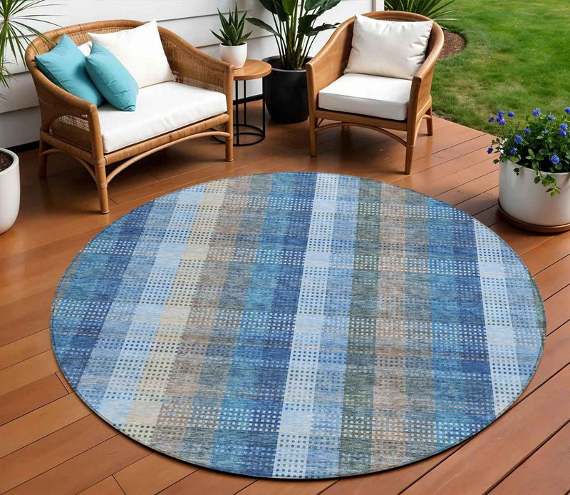 8' Denim Blue Sky Blue And Beige Round Plaid Washable Indoor Outdoor Area Rug