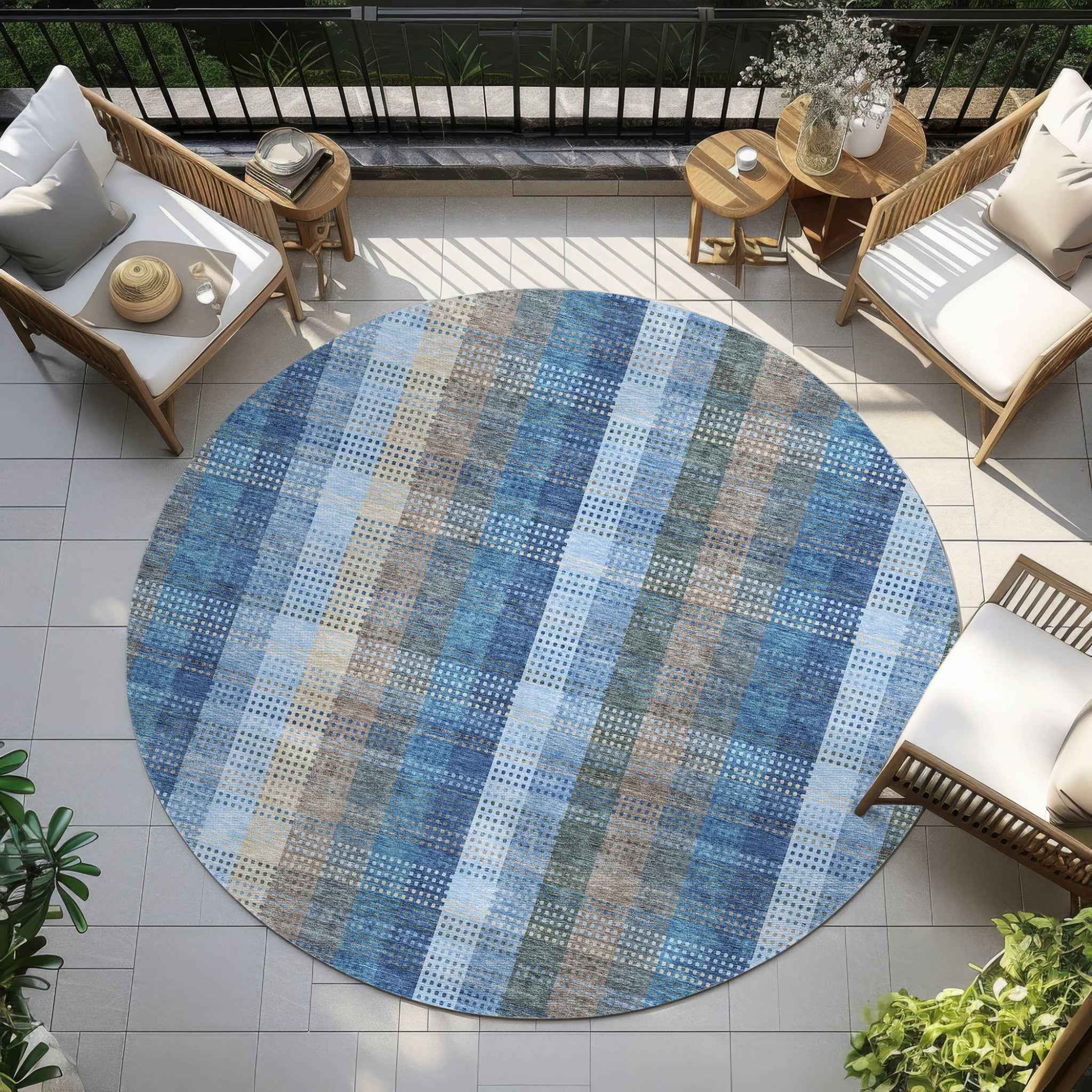 8' Denim Blue Sky Blue And Beige Round Plaid Washable Indoor Outdoor Area Rug