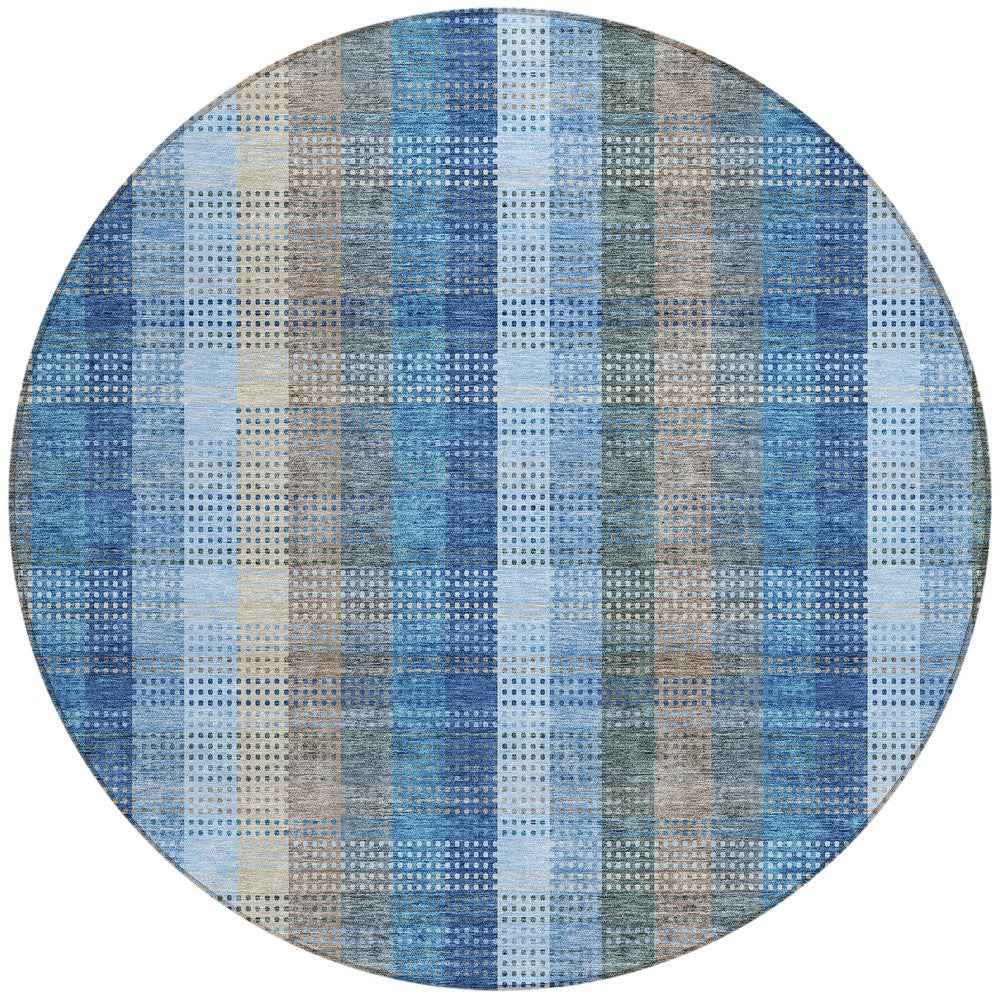8' Denim Blue Sky Blue And Beige Round Plaid Washable Indoor Outdoor Area Rug