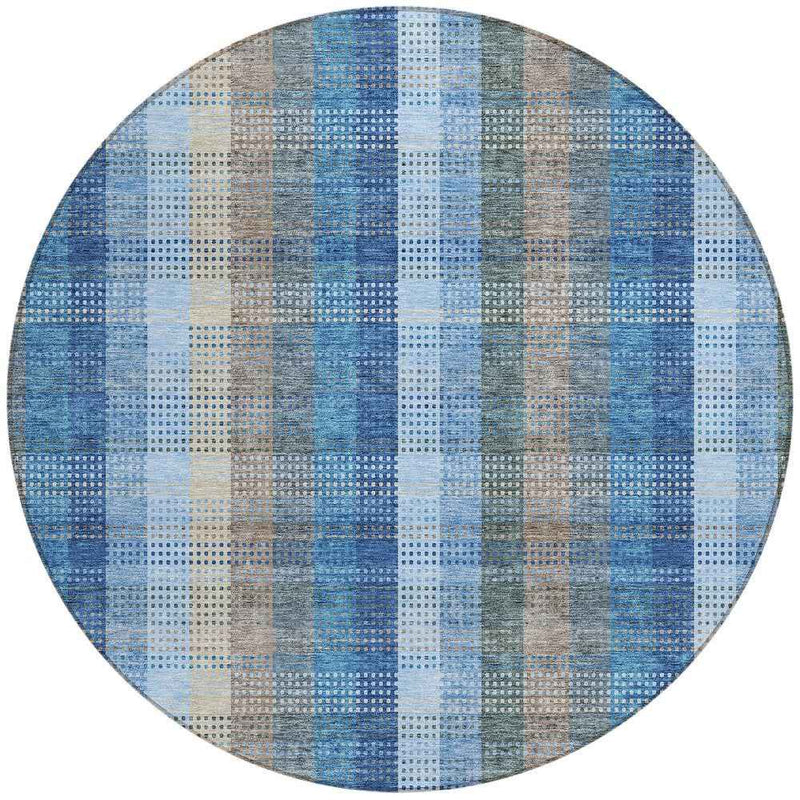 8' Denim Blue Sky Blue And Beige Round Plaid Washable Indoor Outdoor Area Rug