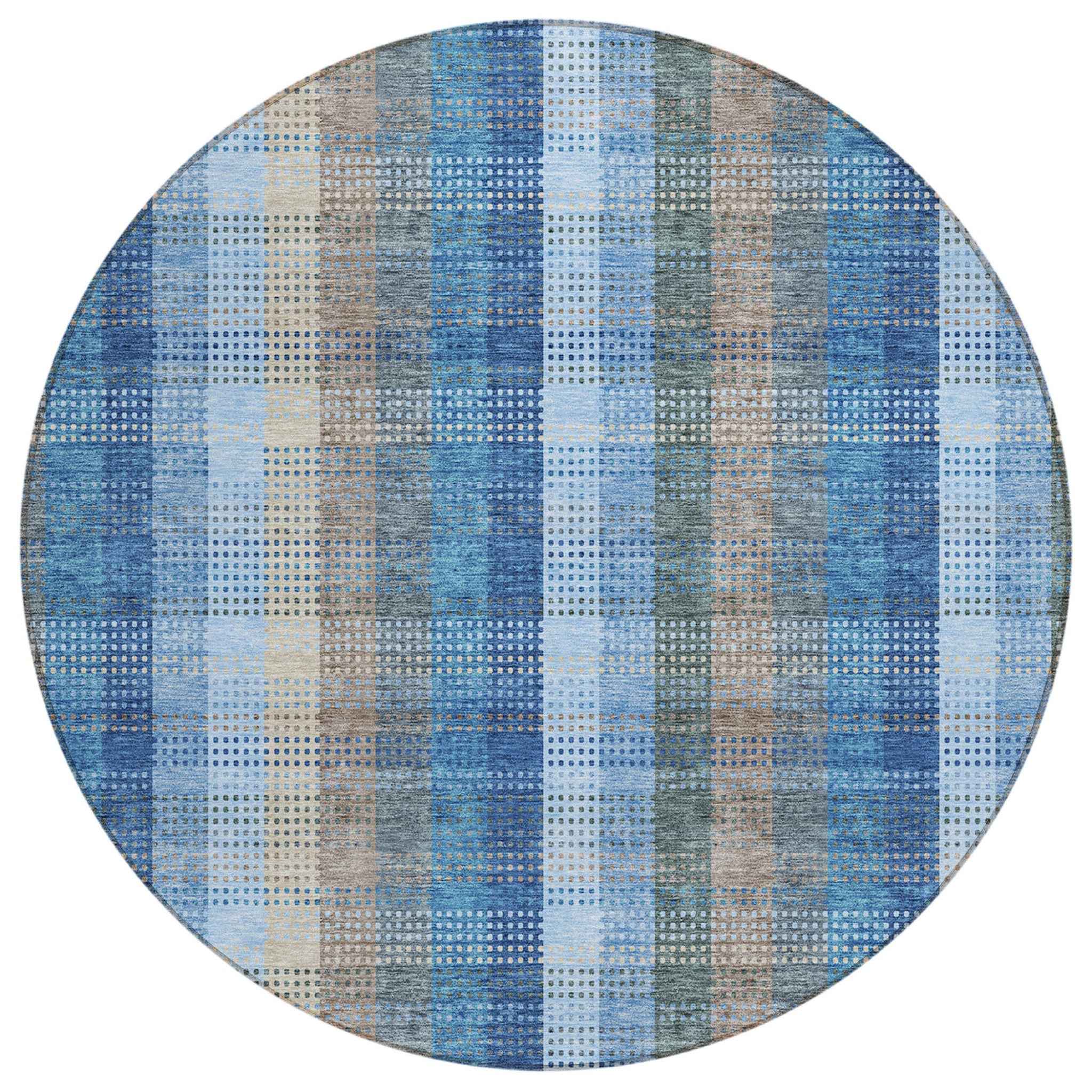 8' Denim Blue Sky Blue And Beige Round Plaid Washable Indoor Outdoor Area Rug