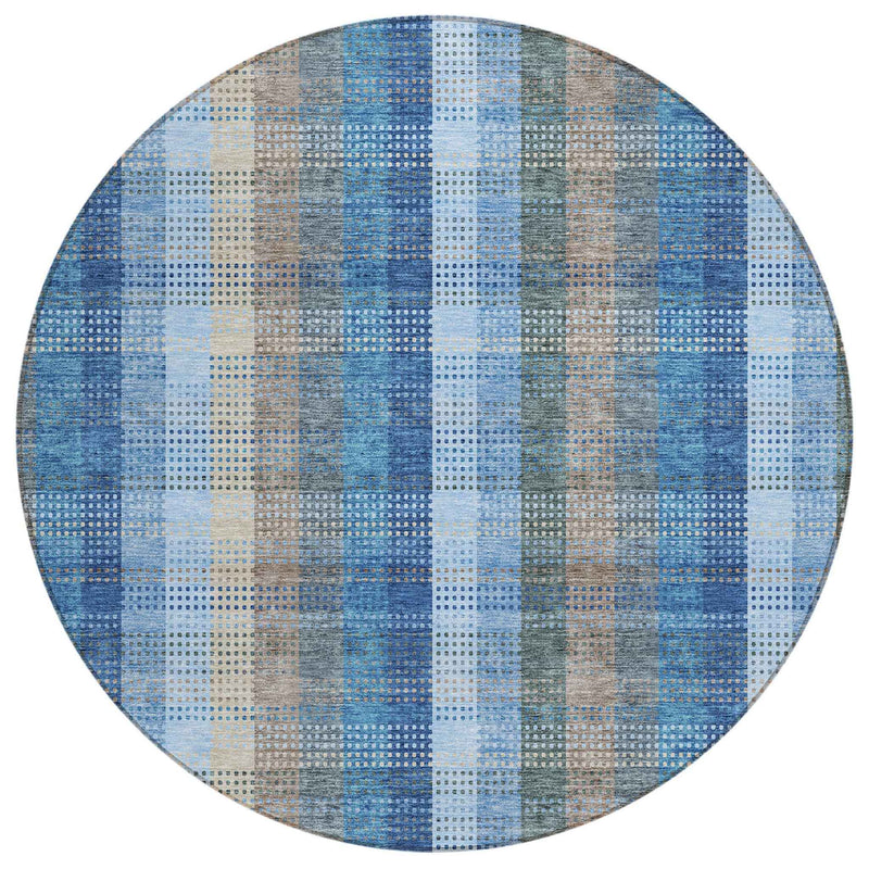 8' Denim Blue Sky Blue And Beige Round Plaid Washable Indoor Outdoor Area Rug