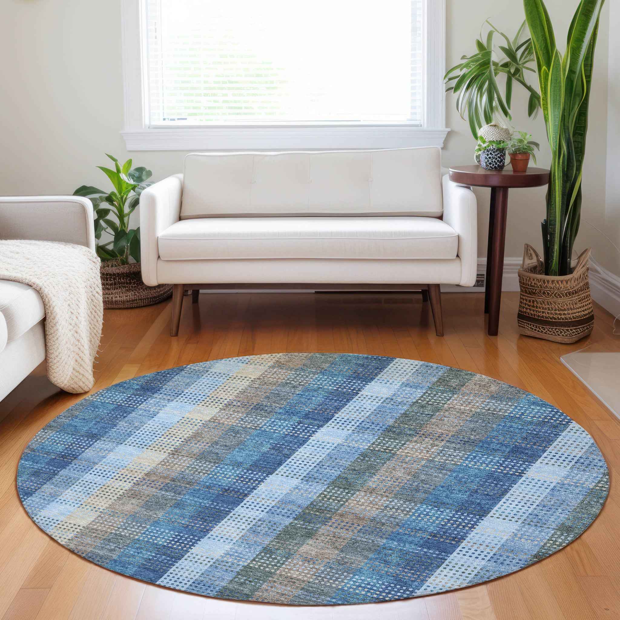 8' Denim Blue Sky Blue And Beige Round Plaid Washable Indoor Outdoor Area Rug