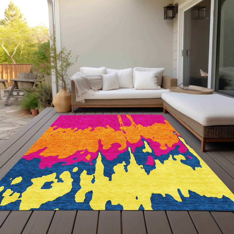5' X 8' Pink Orange And Blue Abstract Washable Indoor Outdoor Area Rug