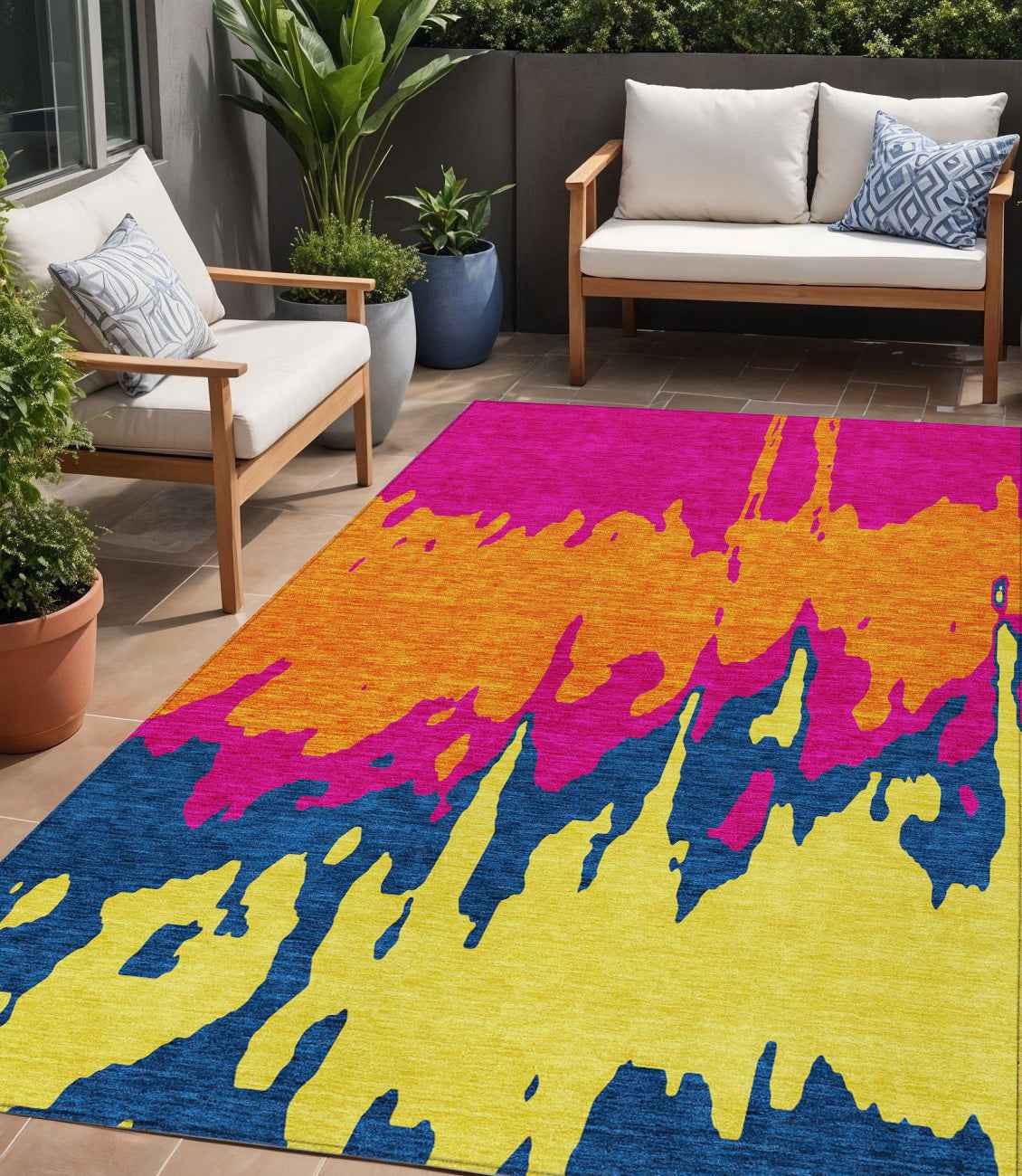 5' X 8' Pink Orange And Blue Abstract Washable Indoor Outdoor Area Rug