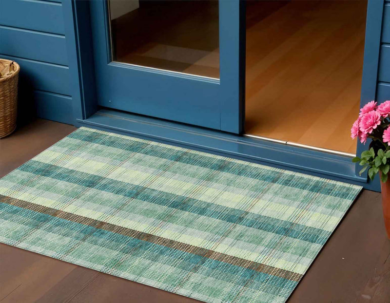 3' X 5' Sage Mint Green And Teal Blue Plaid Washable Indoor Outdoor Area Rug