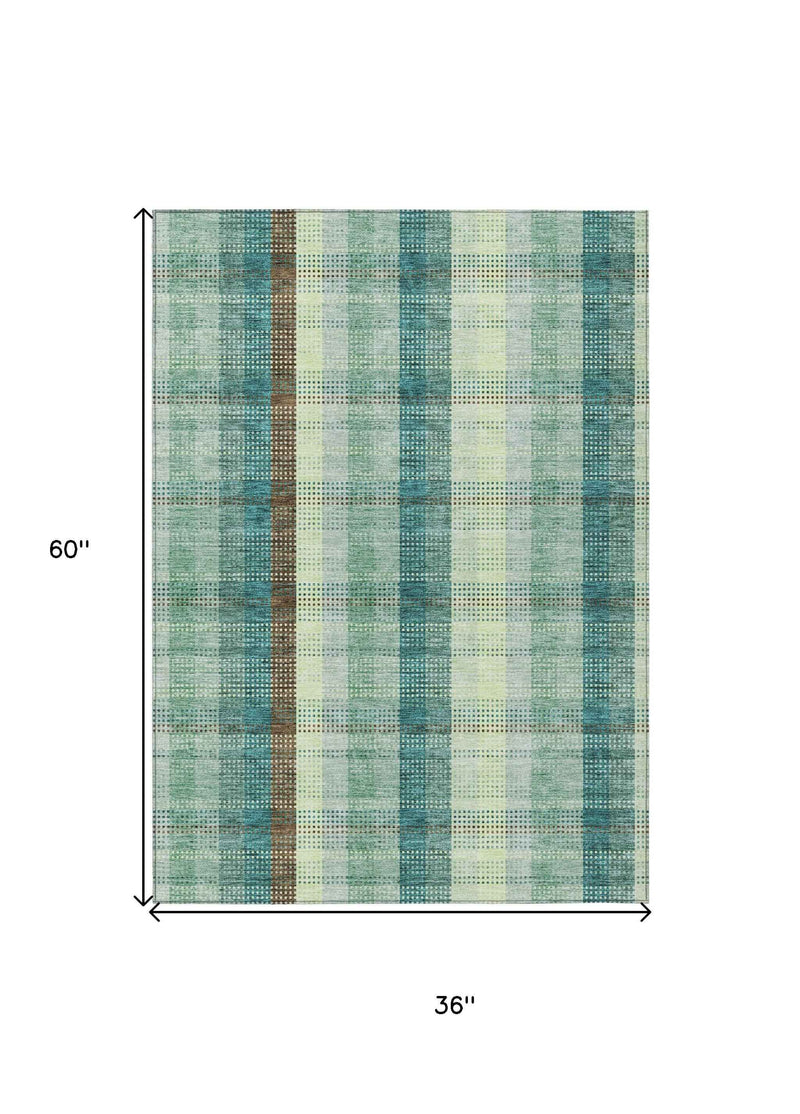 3' X 5' Sage Mint Green And Teal Blue Plaid Washable Indoor Outdoor Area Rug
