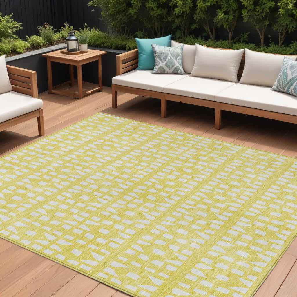 10' X 14' Yellow And Ivory Geometric Washable Indoor Outdoor Area Rug