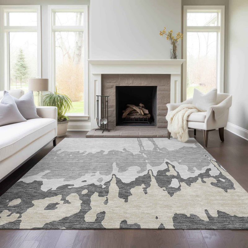 9' X 12' Gray And Silver Abstract Washable Indoor Outdoor Area Rug