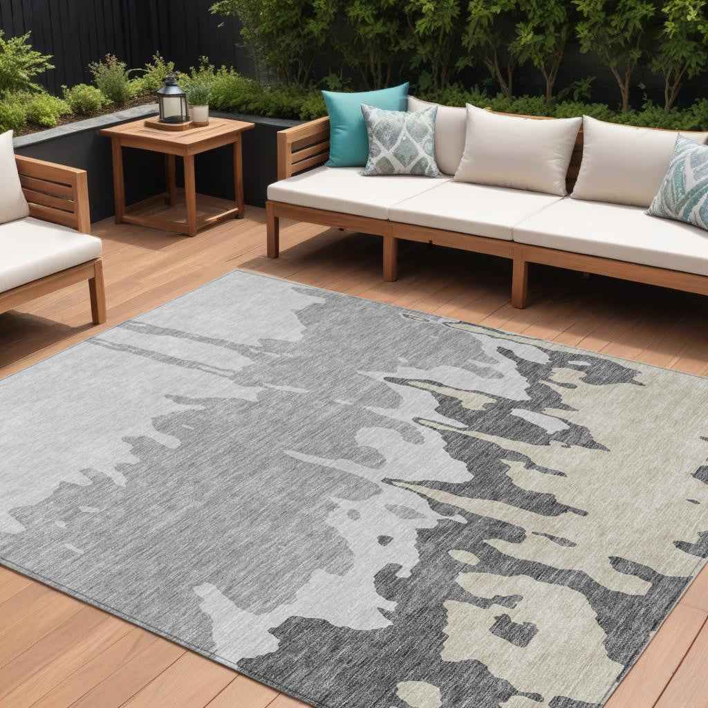 9' X 12' Gray And Silver Abstract Washable Indoor Outdoor Area Rug