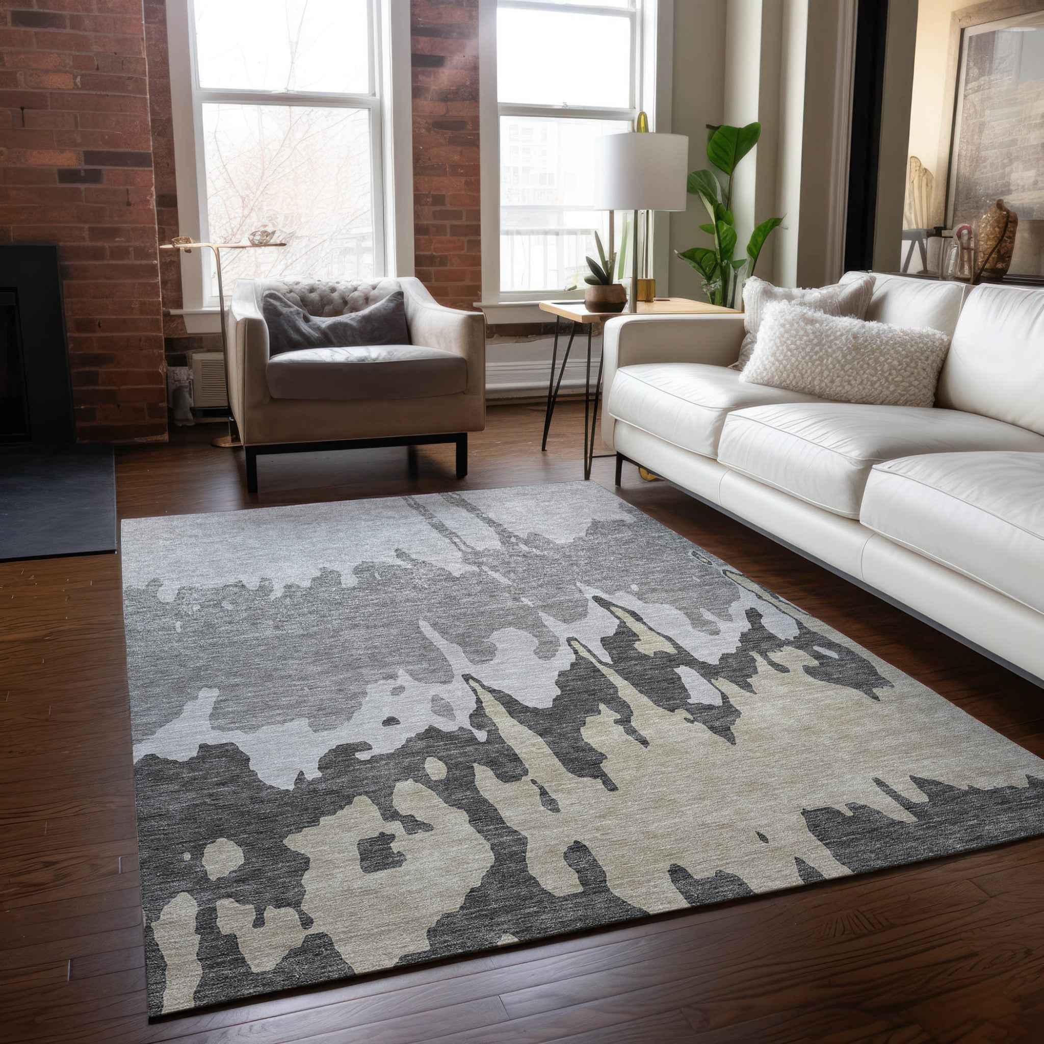 9' X 12' Gray And Silver Abstract Washable Indoor Outdoor Area Rug