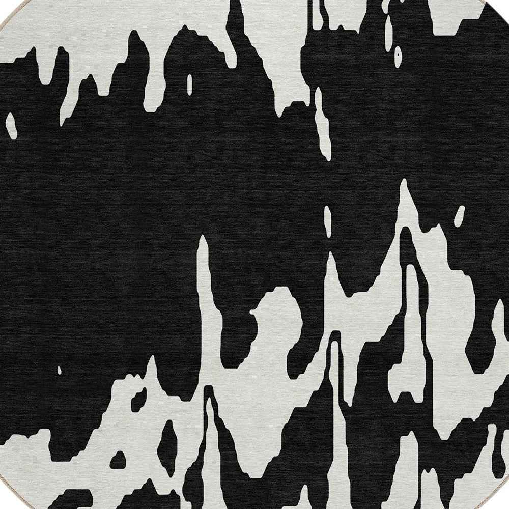 8' Black And Ivory Round Abstract Washable Indoor Outdoor Area Rug