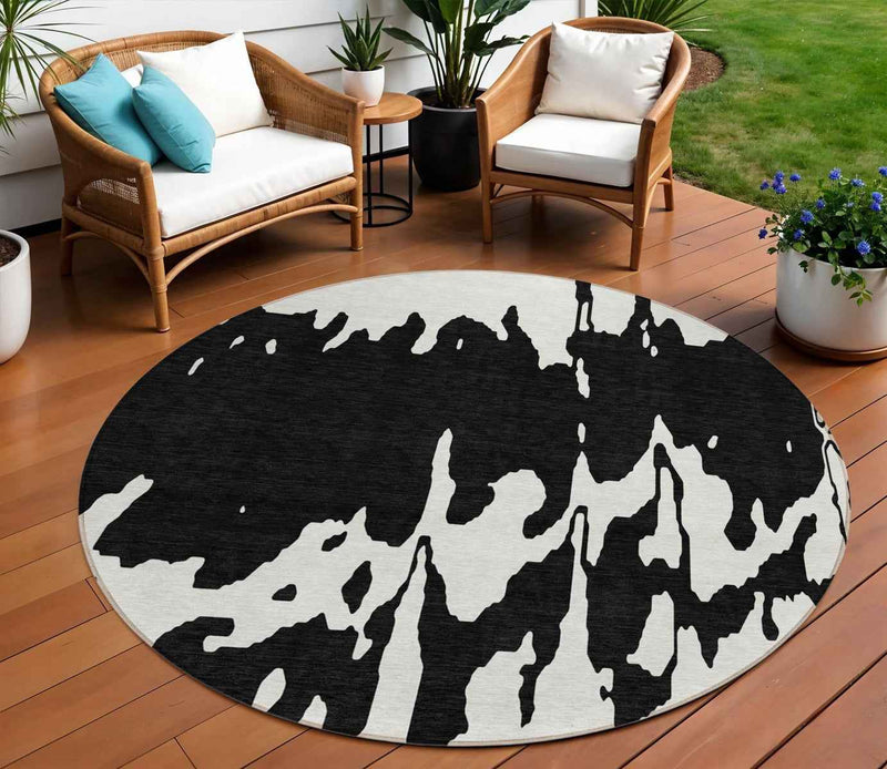 8' Black And Ivory Round Abstract Washable Indoor Outdoor Area Rug