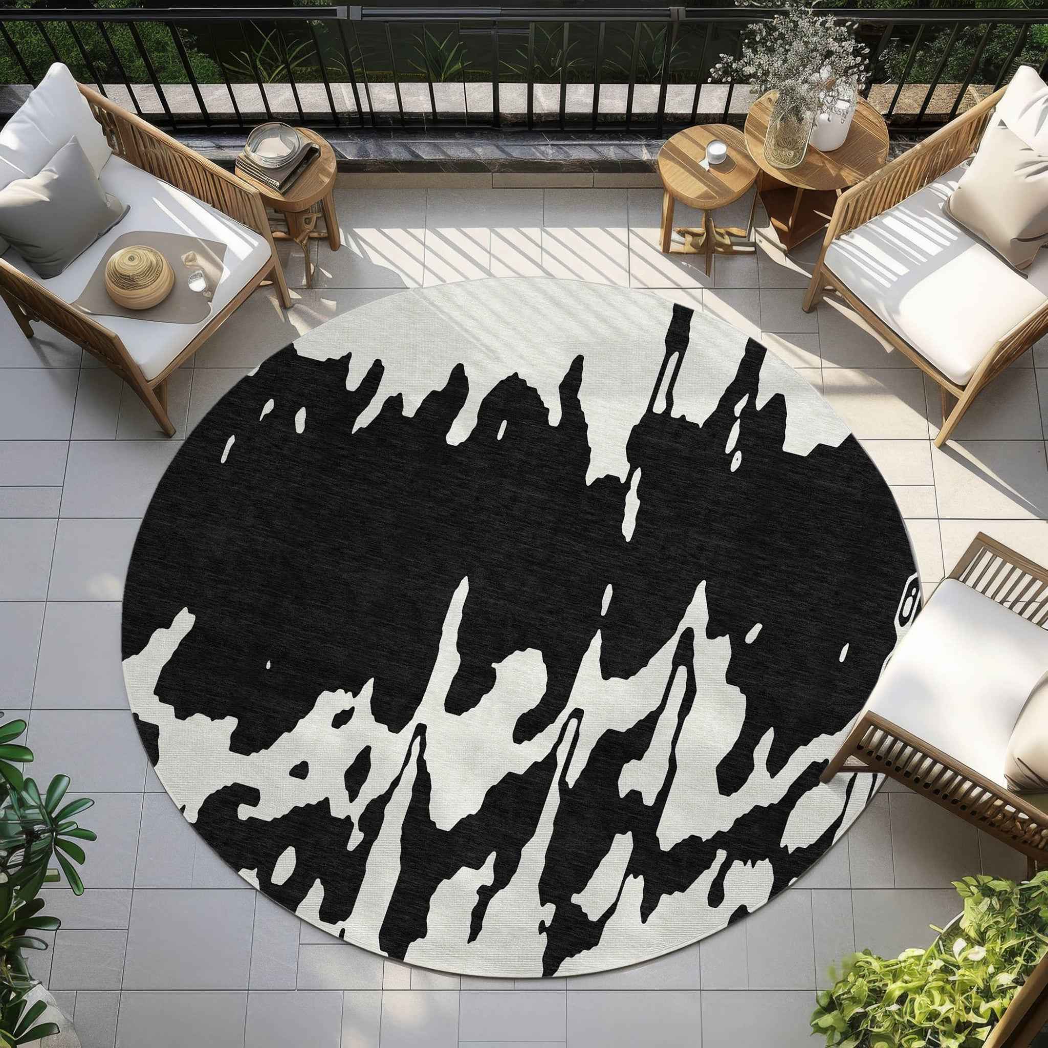 8' Black And Ivory Round Abstract Washable Indoor Outdoor Area Rug