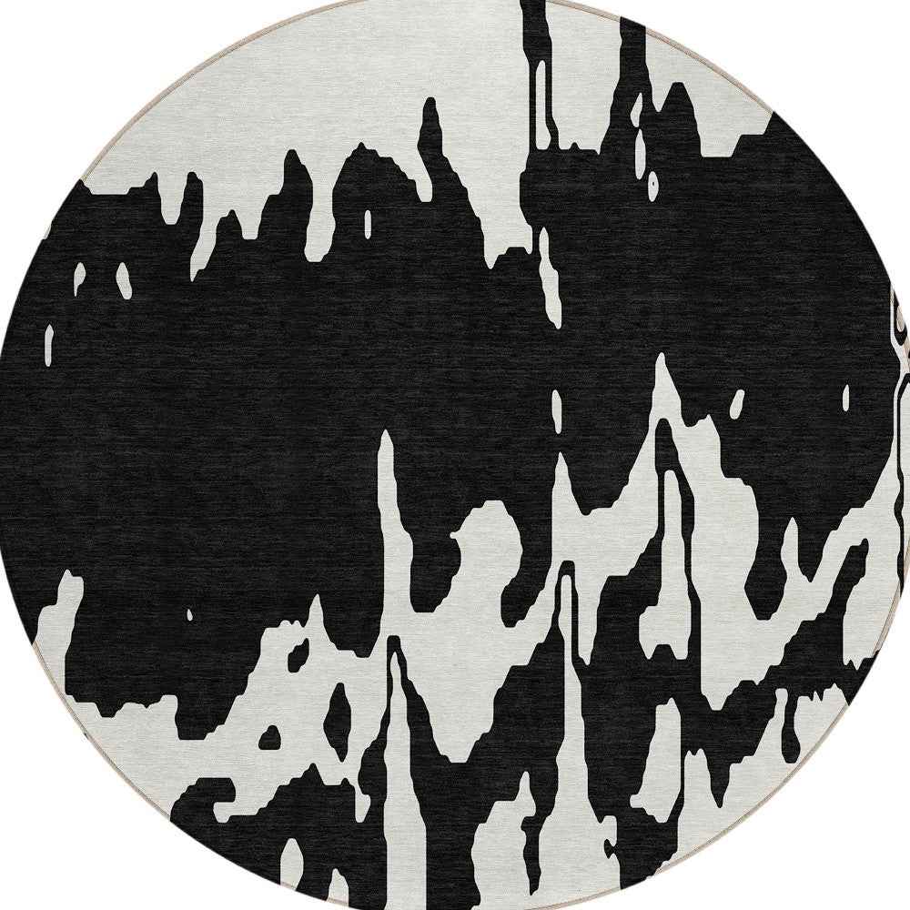 8' Black And Ivory Round Abstract Washable Indoor Outdoor Area Rug