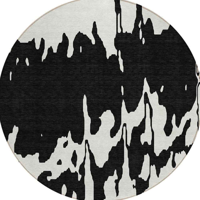 8' Black And Ivory Round Abstract Washable Indoor Outdoor Area Rug
