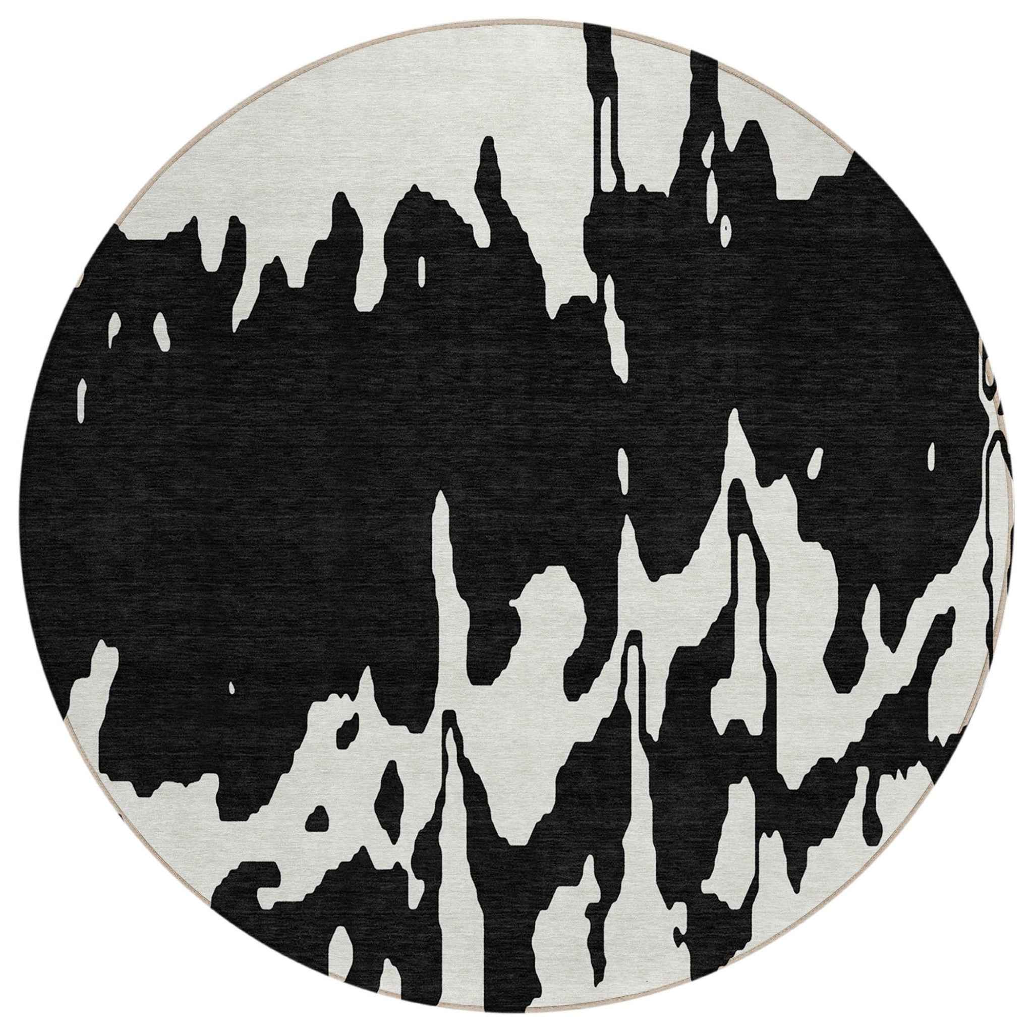8' Black And Ivory Round Abstract Washable Indoor Outdoor Area Rug