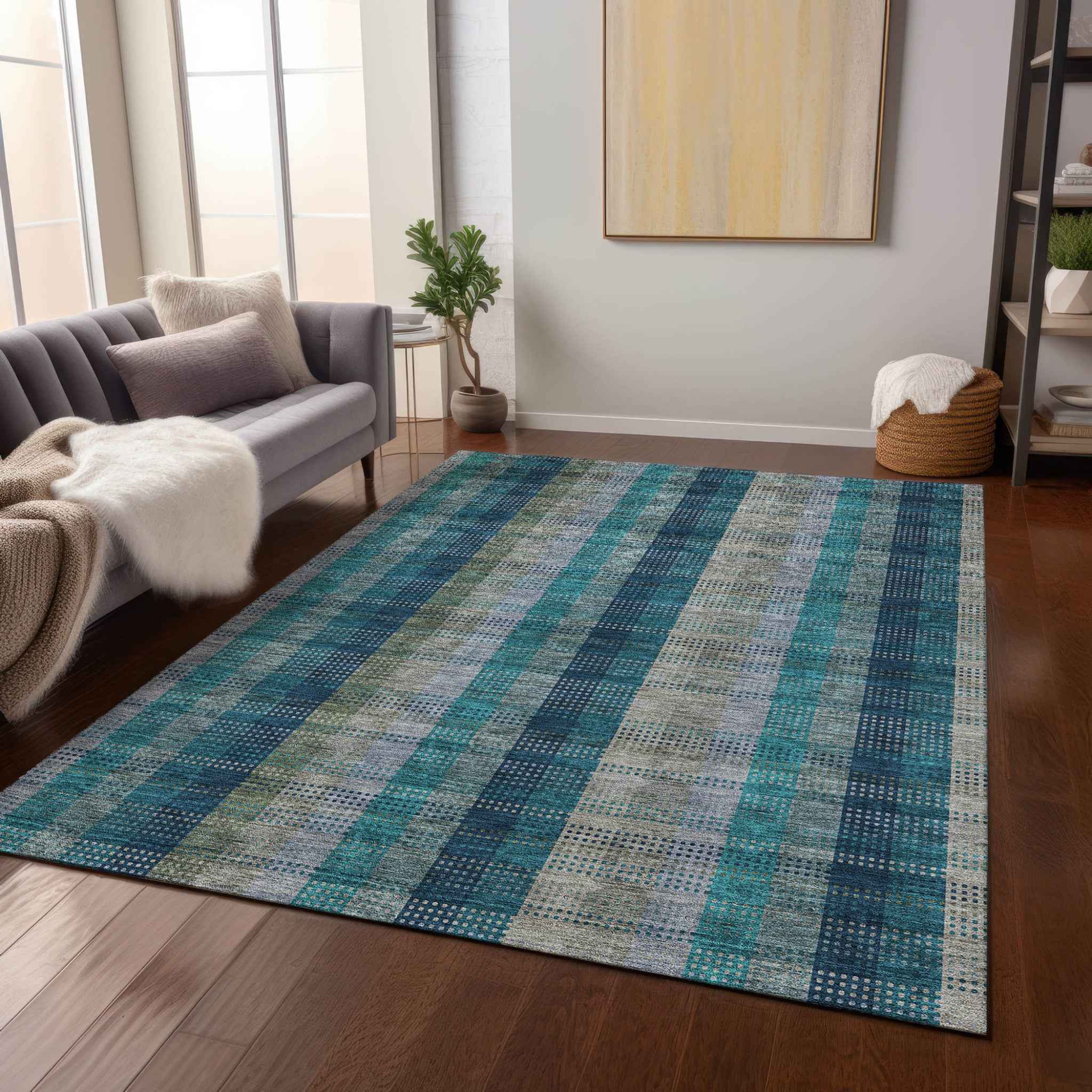 10' X 14' Teal Blue Navy Blue And Olive Green Plaid Washable Indoor Outdoor Area Rug