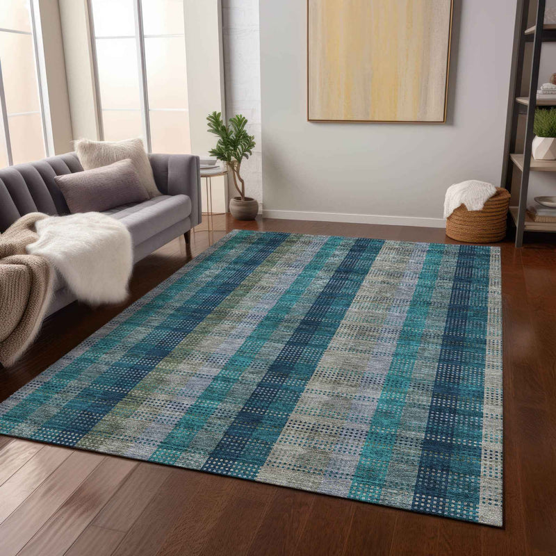 10' X 14' Teal Blue Navy Blue And Olive Green Plaid Washable Indoor Outdoor Area Rug