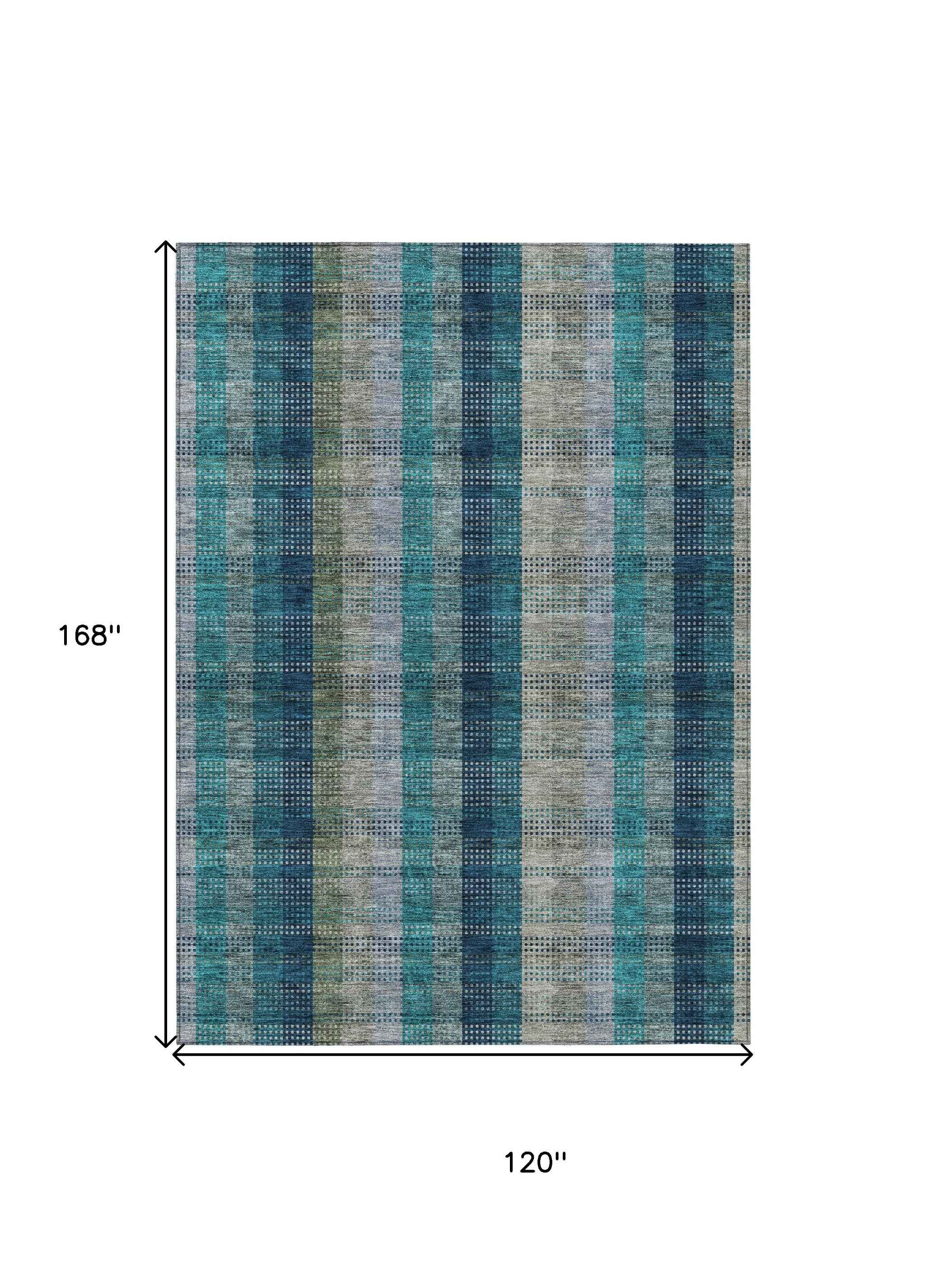 10' X 14' Teal Blue Navy Blue And Olive Green Plaid Washable Indoor Outdoor Area Rug