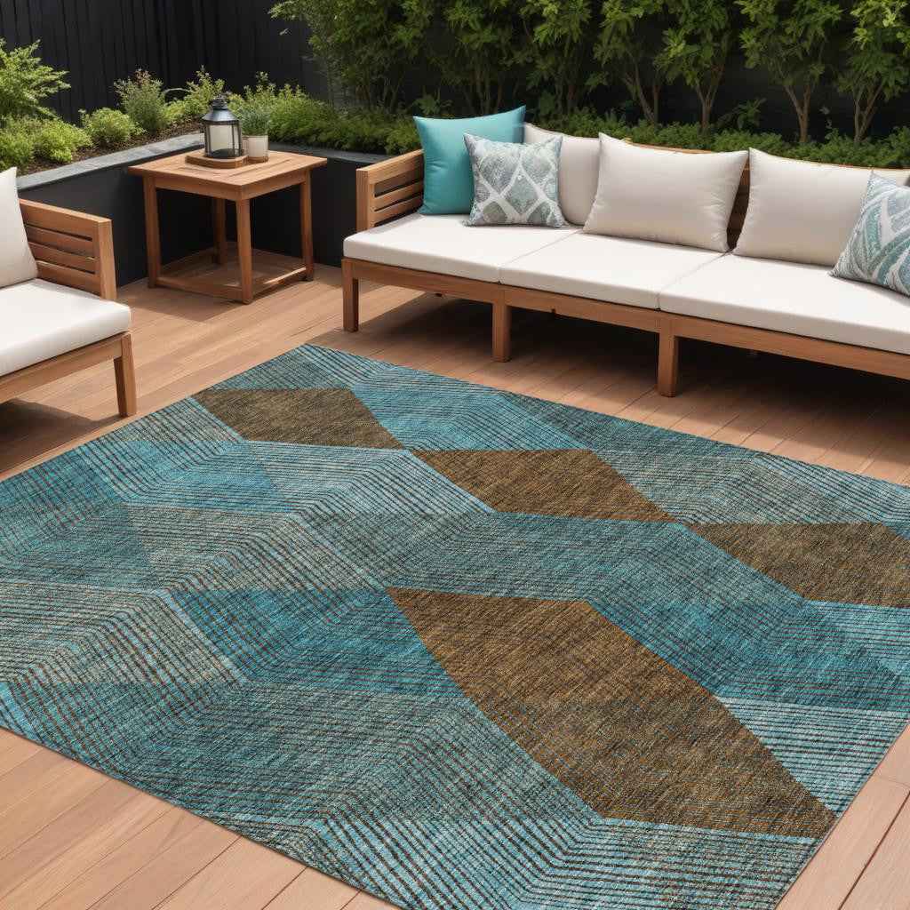 10' X 14' Teal Blue Aqua And Brown Argyle Washable Indoor Outdoor Area Rug